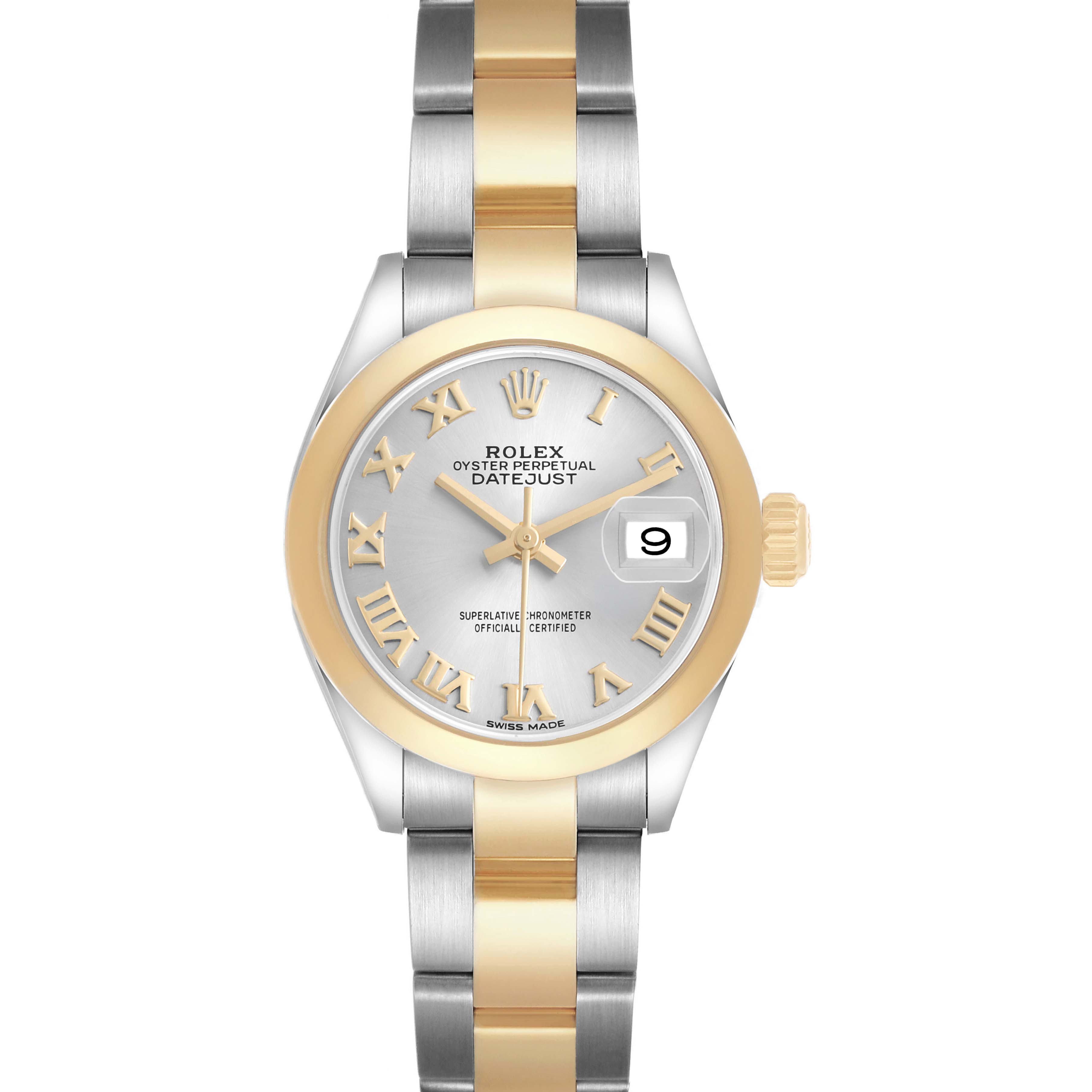 The Rolex Datejust 279163 Women's Steel and Gold (two tone) Silver Dial watch is shown from a front angle, highlighting the dial, bezel, and two-tone bracelet.