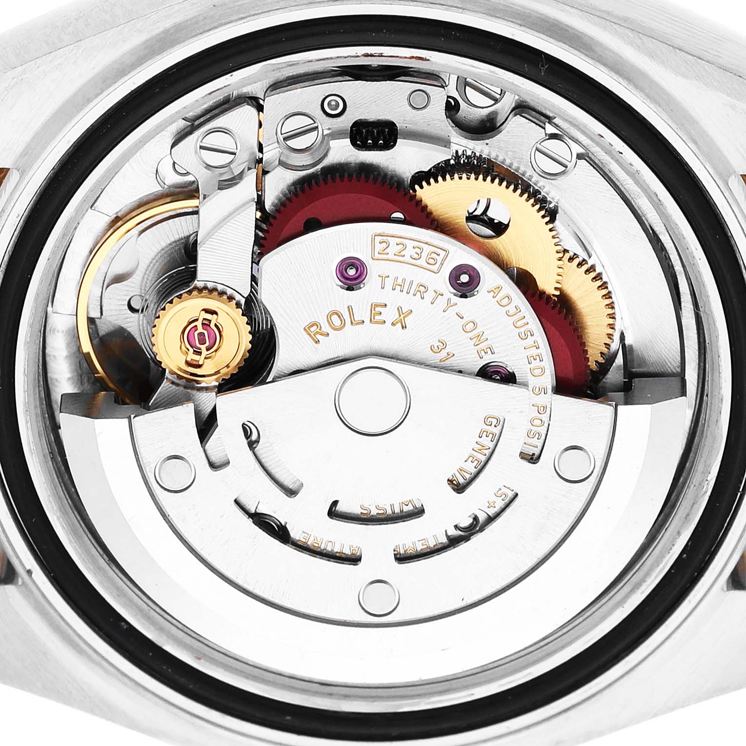 The image shows the inner movement mechanism of the Rolex Datejust 279163 Women's Steel and Gold (two tone) Silver Dial model from a top-down angle.