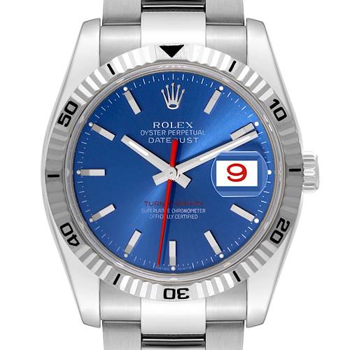 The image shows a front view of the Rolex Turn-o-Graph watch, highlighting the dial, bezel, hands, and bracelet.