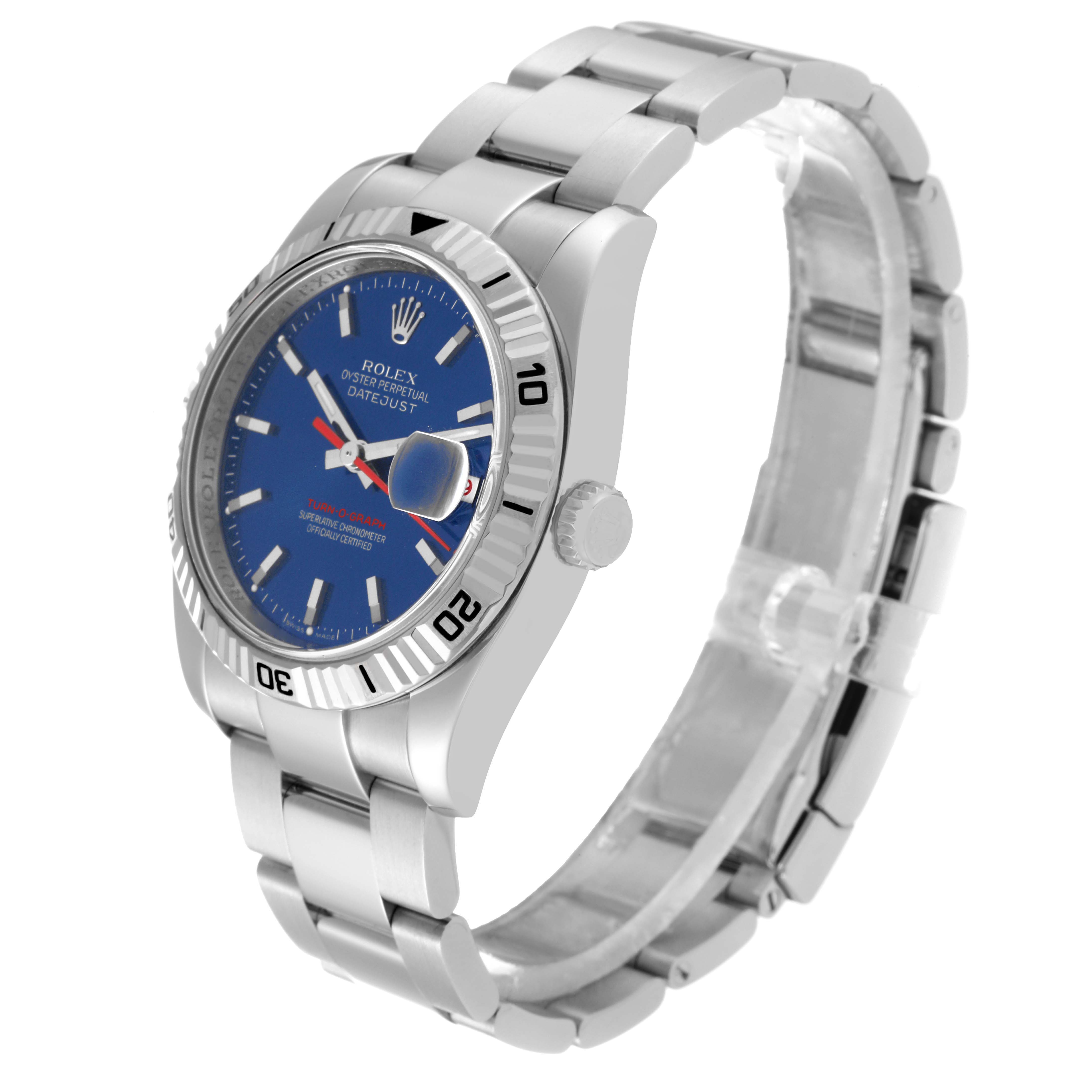 The image shows a side view of the Rolex Turn-o-Graph 116264 Men
s Stainless Steel Blue Dial 116264 Men
s Stainless Steel Blue Dial watch, highlighting its blue dial, bezel, and metal bracelet.