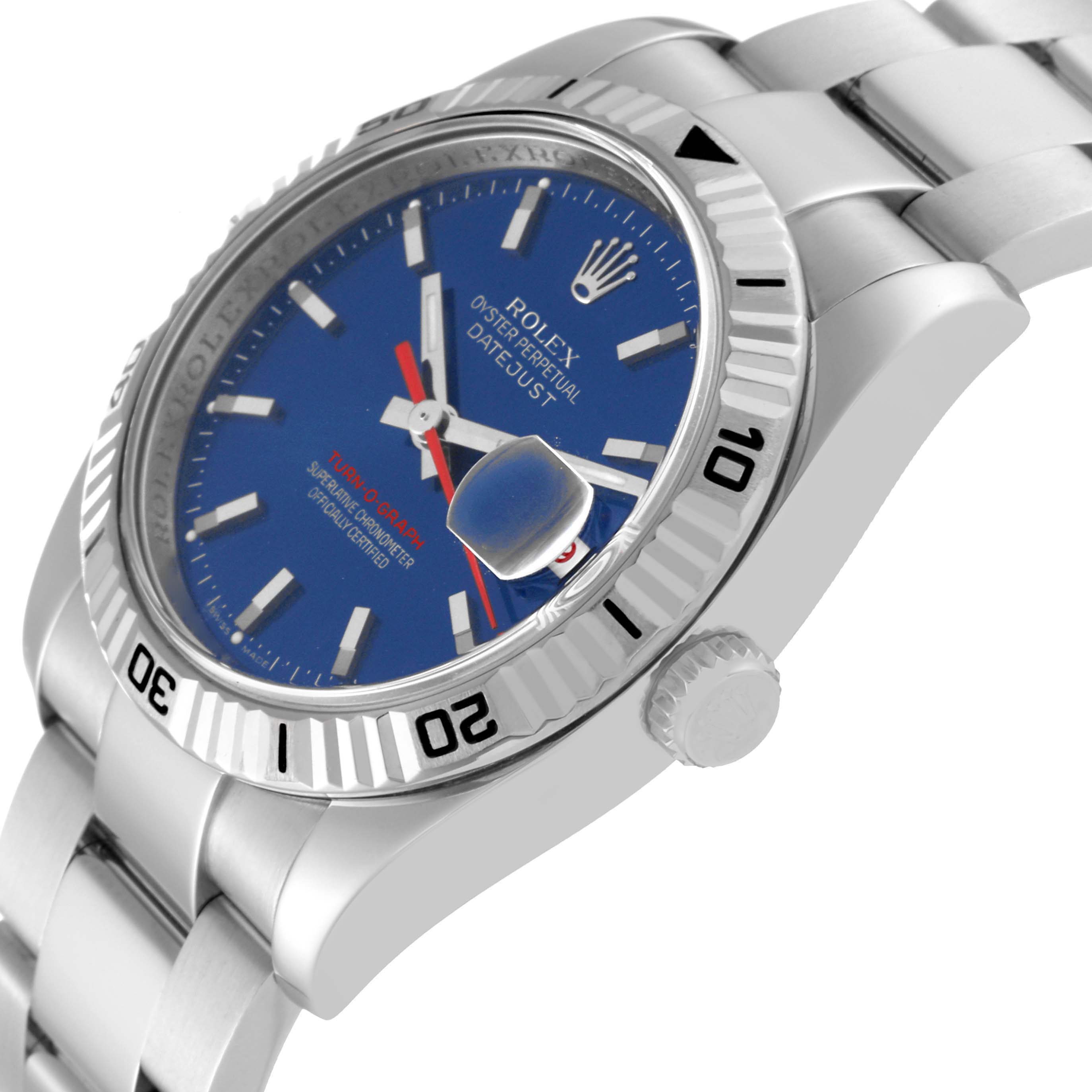 The image shows a side angle of the Rolex Turn-o-Graph 116264 Men
s Stainless Steel Blue Dial 116264 Men
s Stainless Steel Blue Dial watch, highlighting its blue dial, rotating bezel, and stainless steel bracelet.