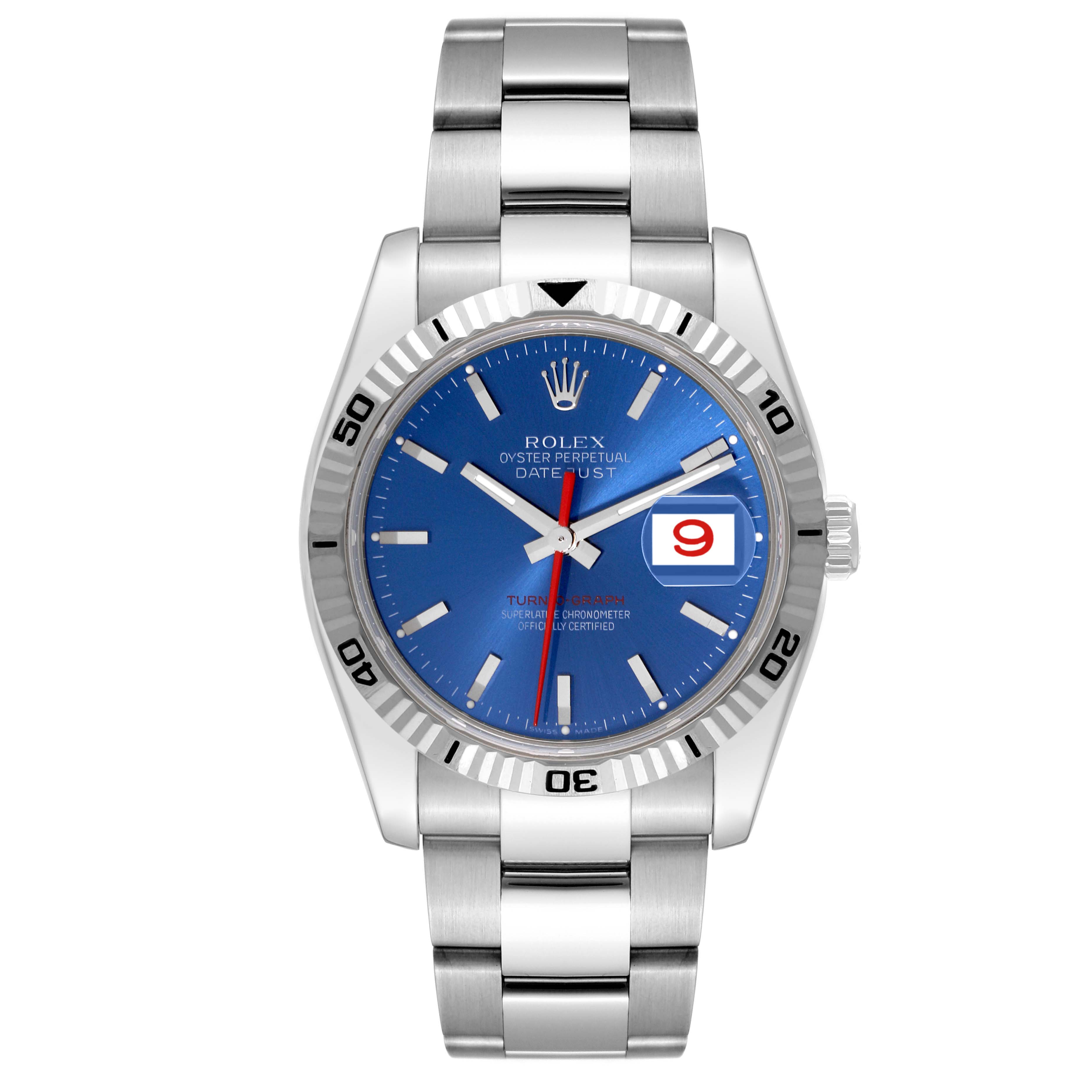 The Rolex Turn-o-Graph 116264 Men
s Stainless Steel Blue Dial 116264 Men
s Stainless Steel Blue Dial watch is shown from a top-down angle, highlighting its blue dial, date display, bezel, and bracelet.
