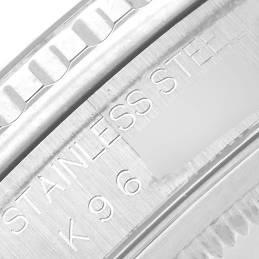 The image shows a close-up of the bezel and inner case of the Rolex Turn-o-Graph 16264 Men's Stainless Steel Black Dial 16264 Men's Stainless Steel Black Dial watch, highlighting the stainless steel engraving.