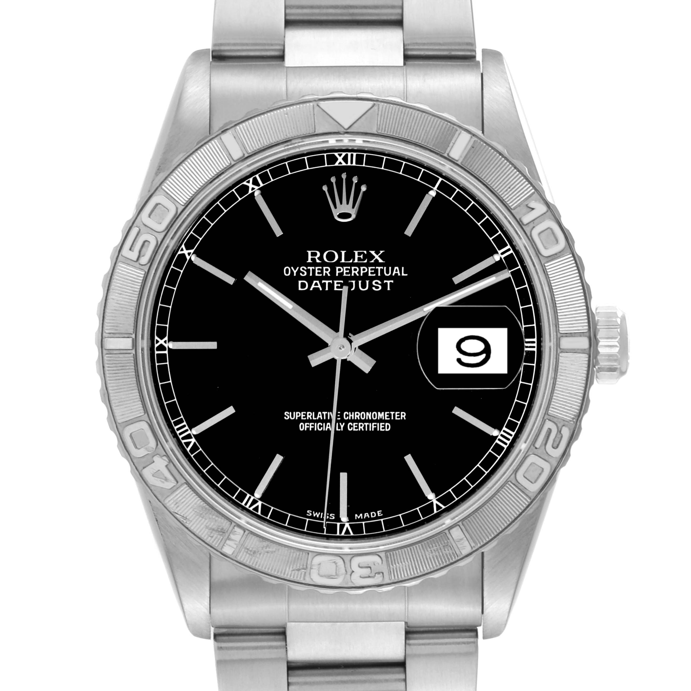 This image shows a front view of the Rolex Turn-o-Graph 16264 Men's Stainless Steel Black Dial 16264 Men's Stainless Steel Black Dial, featuring the dial, bezel, and part of the bracelet.