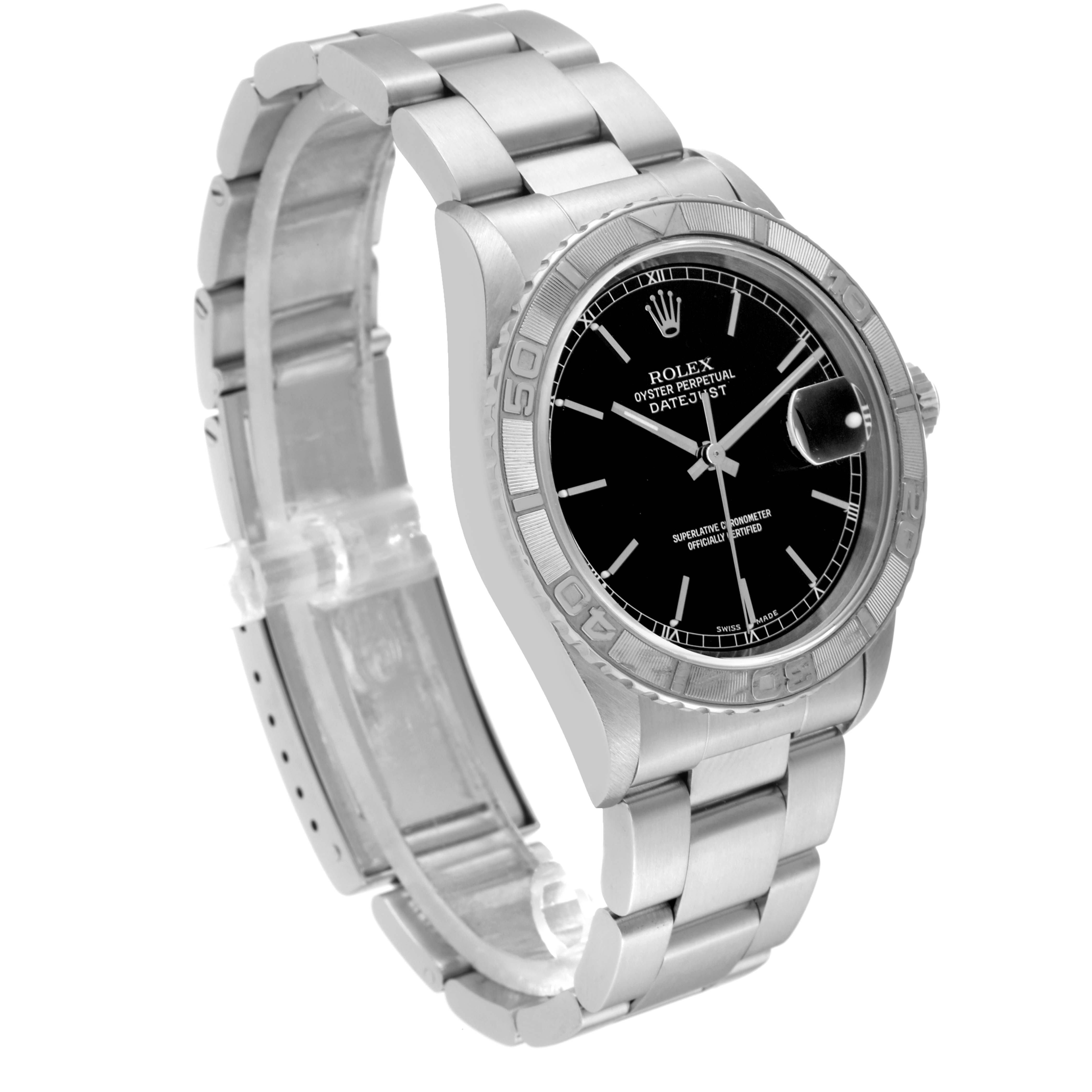 The image shows a Rolex Turn-o-Graph 16264 Men's Stainless Steel Black Dial 16264 Men's Stainless Steel Black Dial watch at a three-quarter angle, highlighting the dial, bezel, and bracelet.