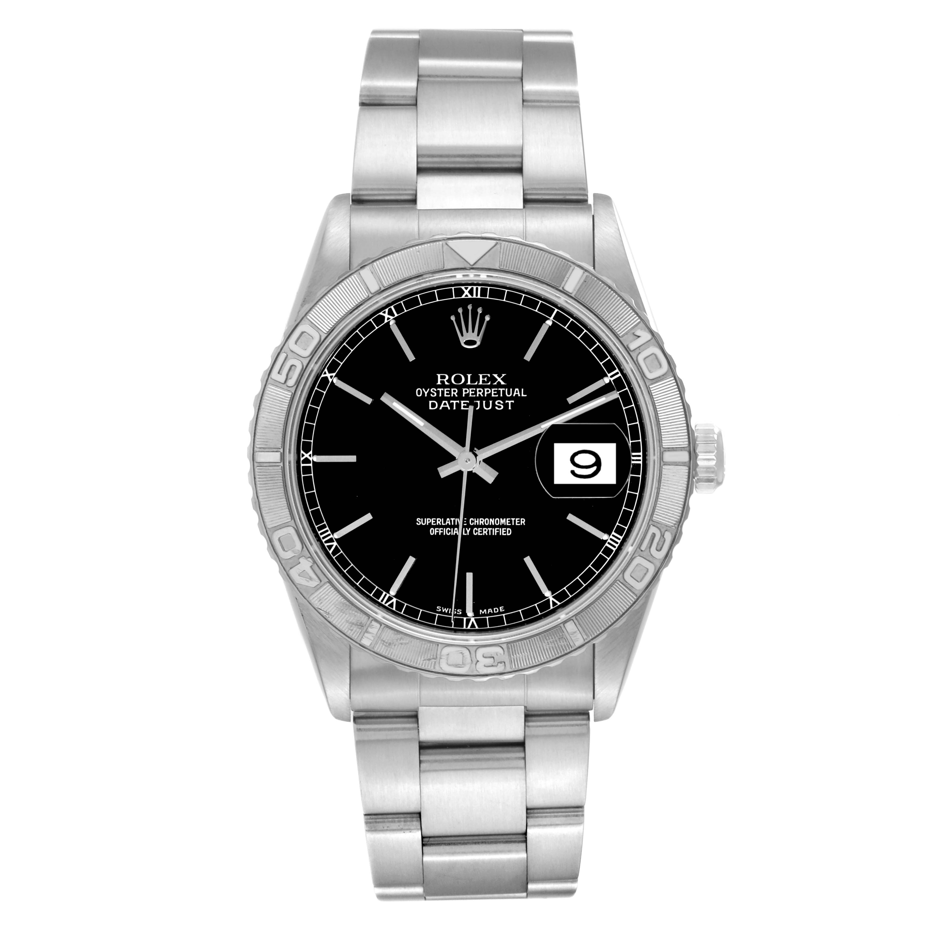This image shows a front view of a Rolex Turn-o-Graph 16264 Men's Stainless Steel Black Dial 16264 Men's Stainless Steel Black Dial watch, displaying the dial, bezel, case, and bracelet.