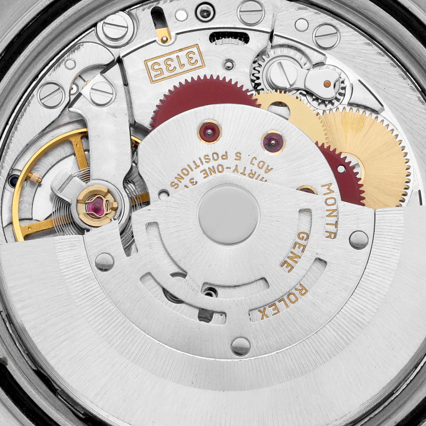 The image shows a close-up of the internal mechanism of a Rolex Turn-o-Graph 16264 Men's Stainless Steel Black Dial 16264 Men's Stainless Steel Black Dial watch, focusing on the movement and gears.