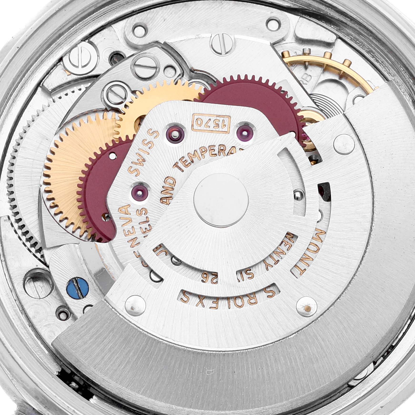 This image shows the intricate inner mechanism of the Rolex Vintage Collection 1603 Men's Stainless Steel Grey Dial 1603 Men's Stainless Steel Grey Dial model, highlighting gears and other components.