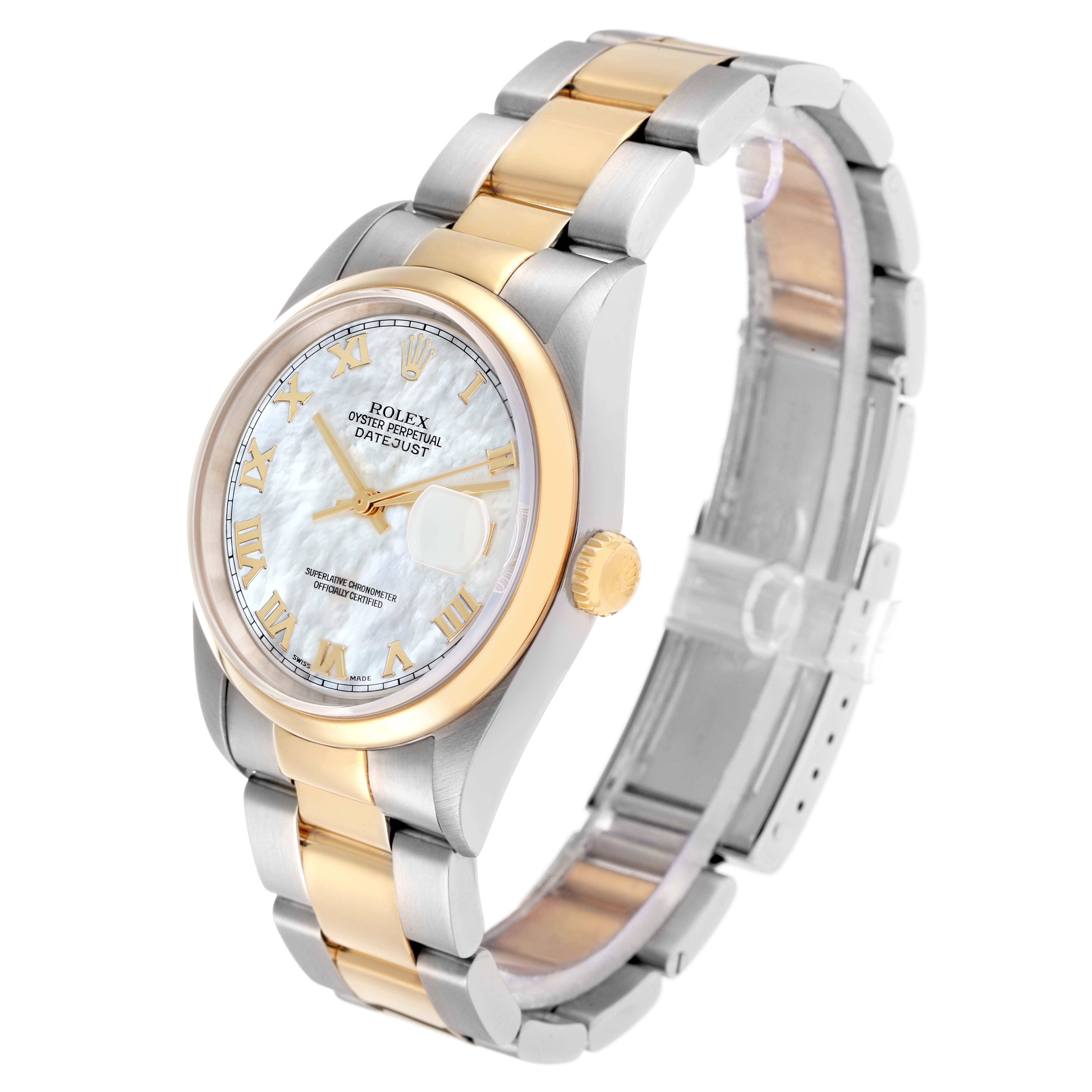 The Rolex Datejust 16203 Men
s Steel and Gold (two tone) Mother of Pearl Dial watch is shown at a slight angle, highlighting the face, bezel, crown, and two-tone bracelet.