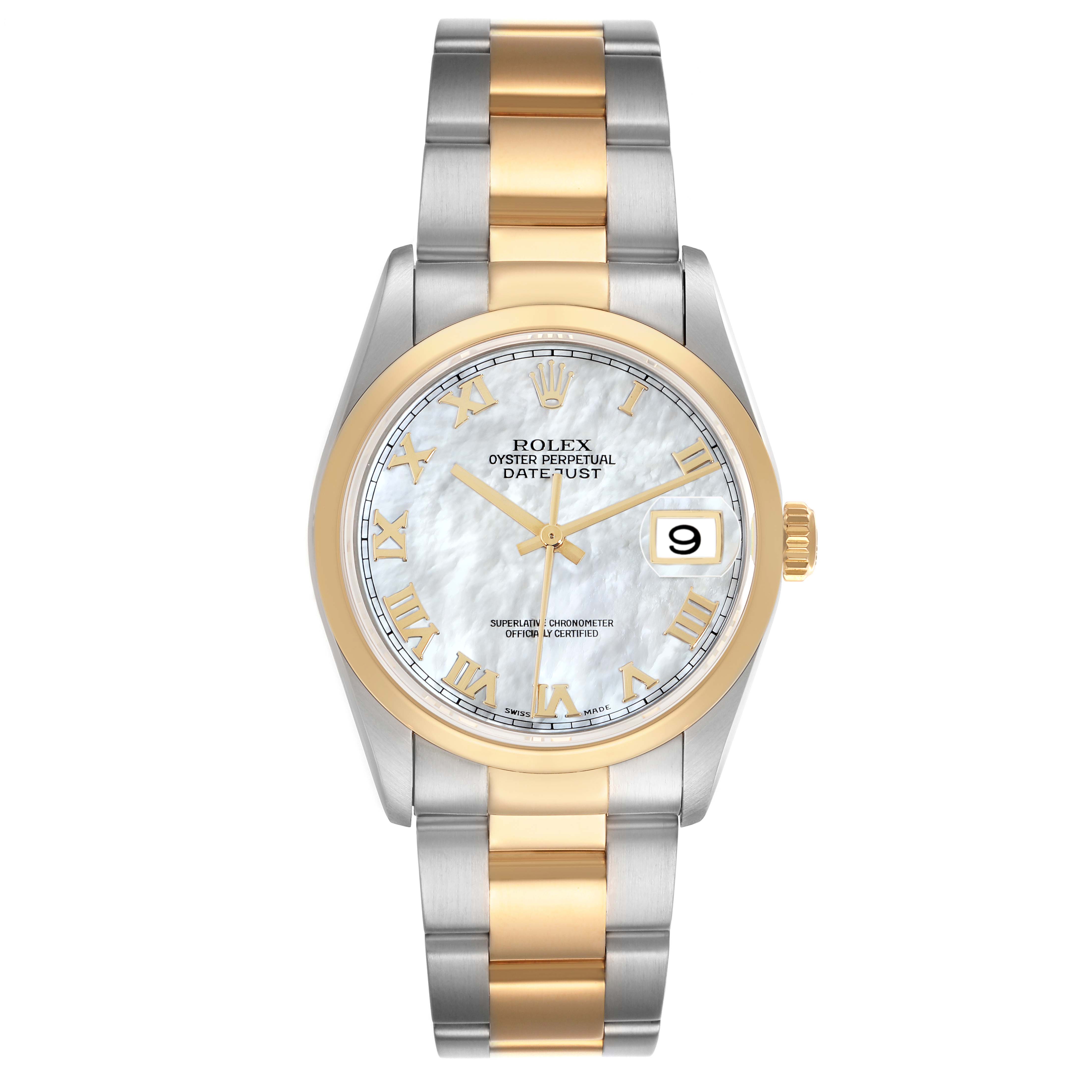 The Rolex Datejust 16203 Men
s Steel and Gold (two tone) Mother of Pearl Dial watch is shown from a front view, highlighting the dial, bezel, and two-tone bracelet.
