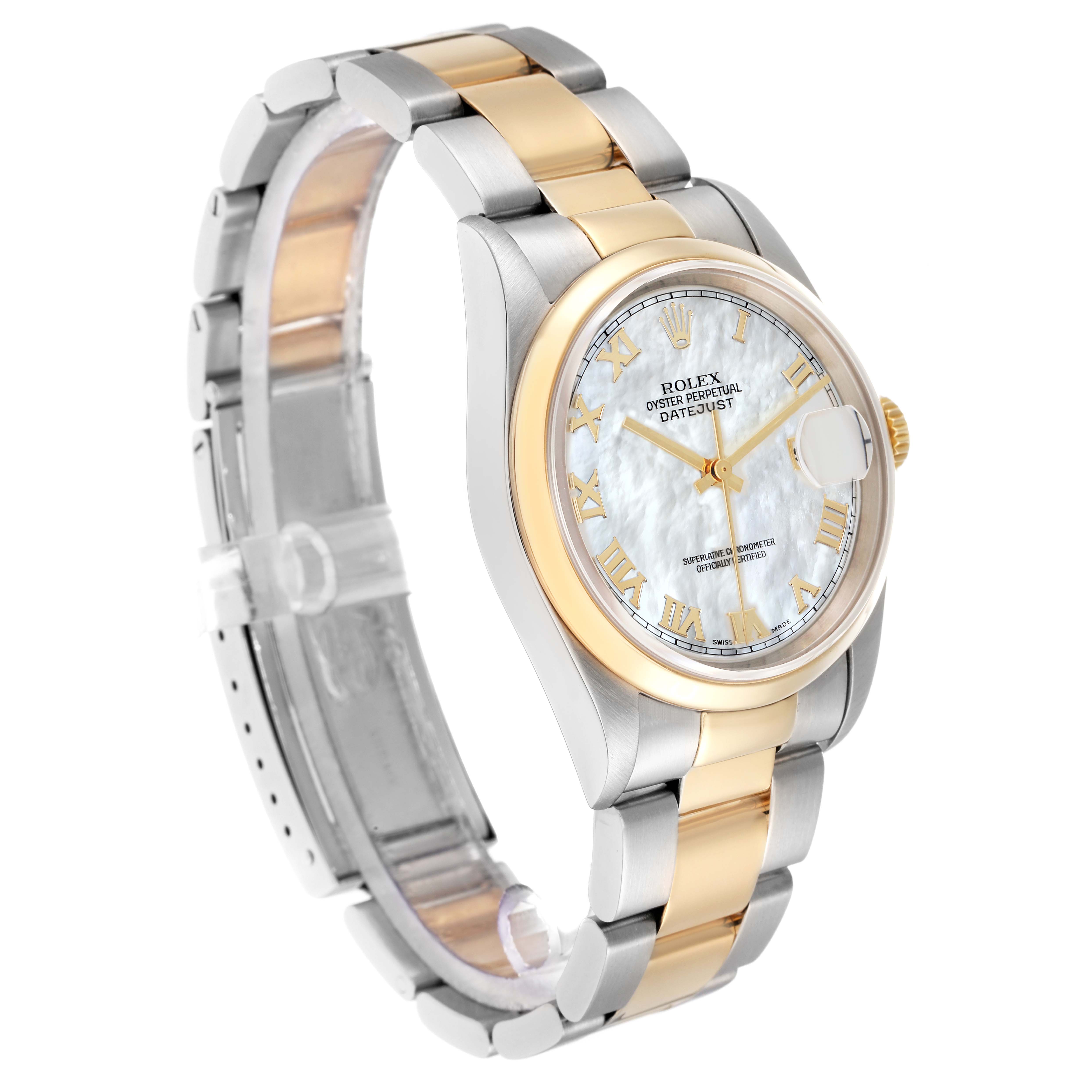 The Rolex Datejust 16203 Men
s Steel and Gold (two tone) Mother of Pearl Dial watch is shown in a side angle, highlighting the face, bezel, and bracelet.