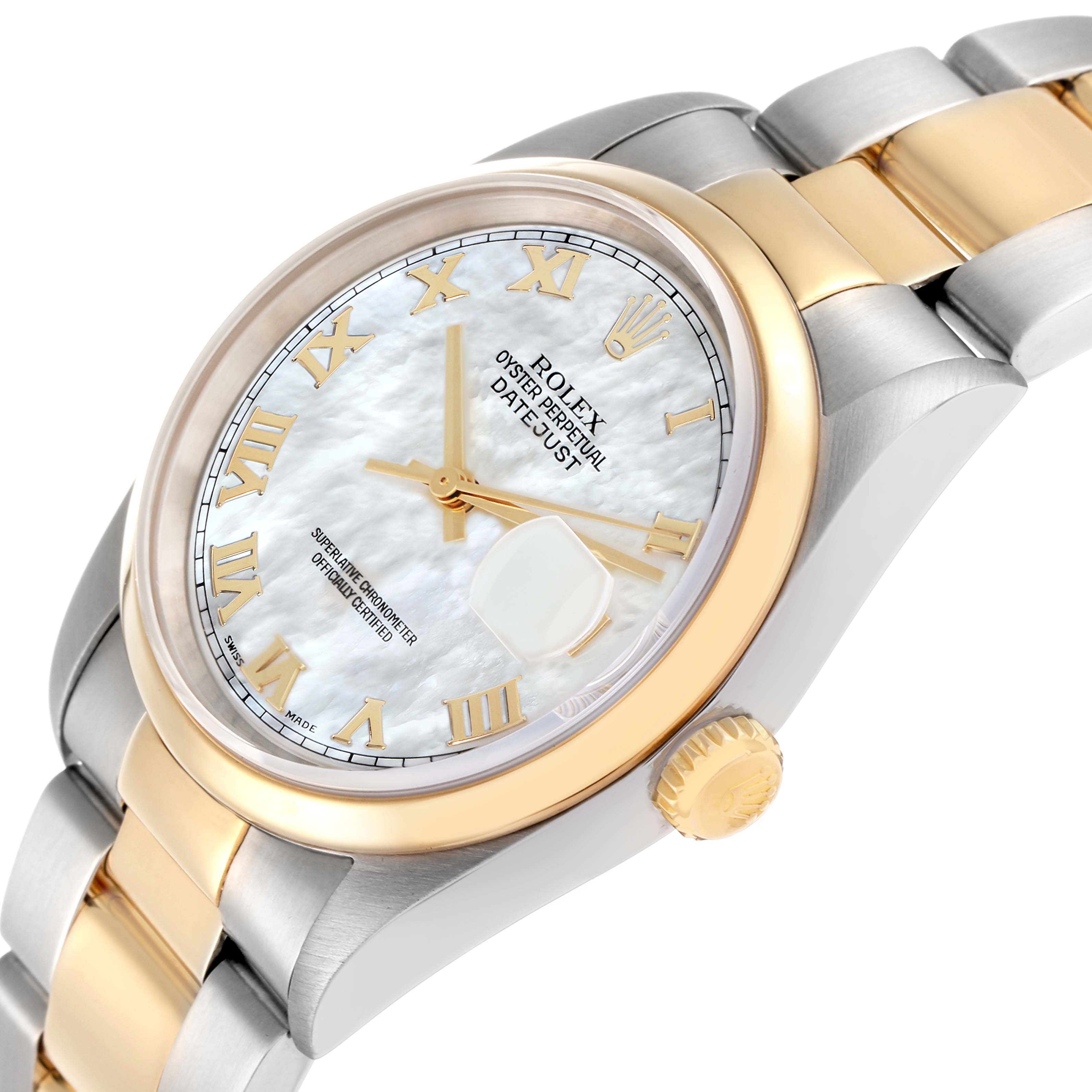 The image shows a Rolex Datejust 16203 Men
s Steel and Gold (two tone) Mother of Pearl Dial watch at a three-quarter angle, highlighting the dial, case, and bracelet.