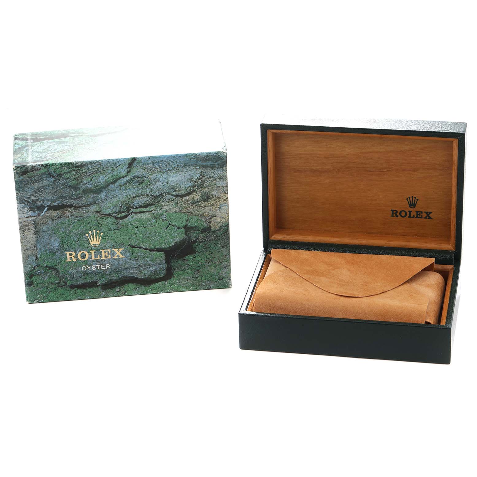 The image shows a Rolex Datejust 16203 Men
s Steel and Gold (two tone) Mother of Pearl Dial box set, including an outer sleeve with a textured design and an open wooden box with a pouch inside.