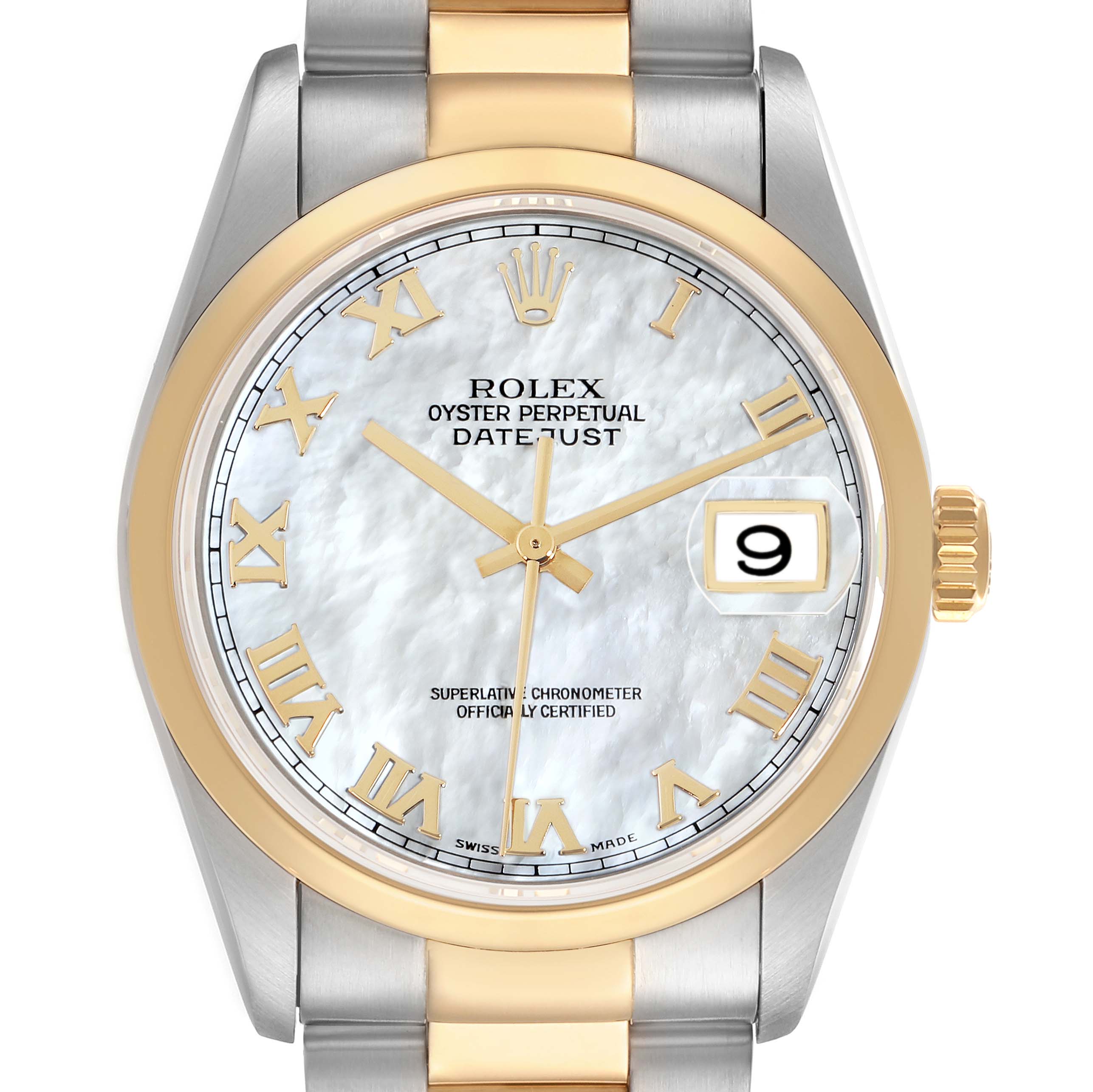 The Rolex Datejust 16203 Men
s Steel and Gold (two tone) Mother of Pearl Dial watch is shown from a top-down angle, displaying the dial, bezel, crown, and part of the bracelet.