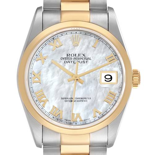 The Rolex Datejust 16203 Men's Steel and Gold (two tone) Mother of Pearl Dial watch is shown from the front, highlighting its dial, bezel, and part of the bracelet.