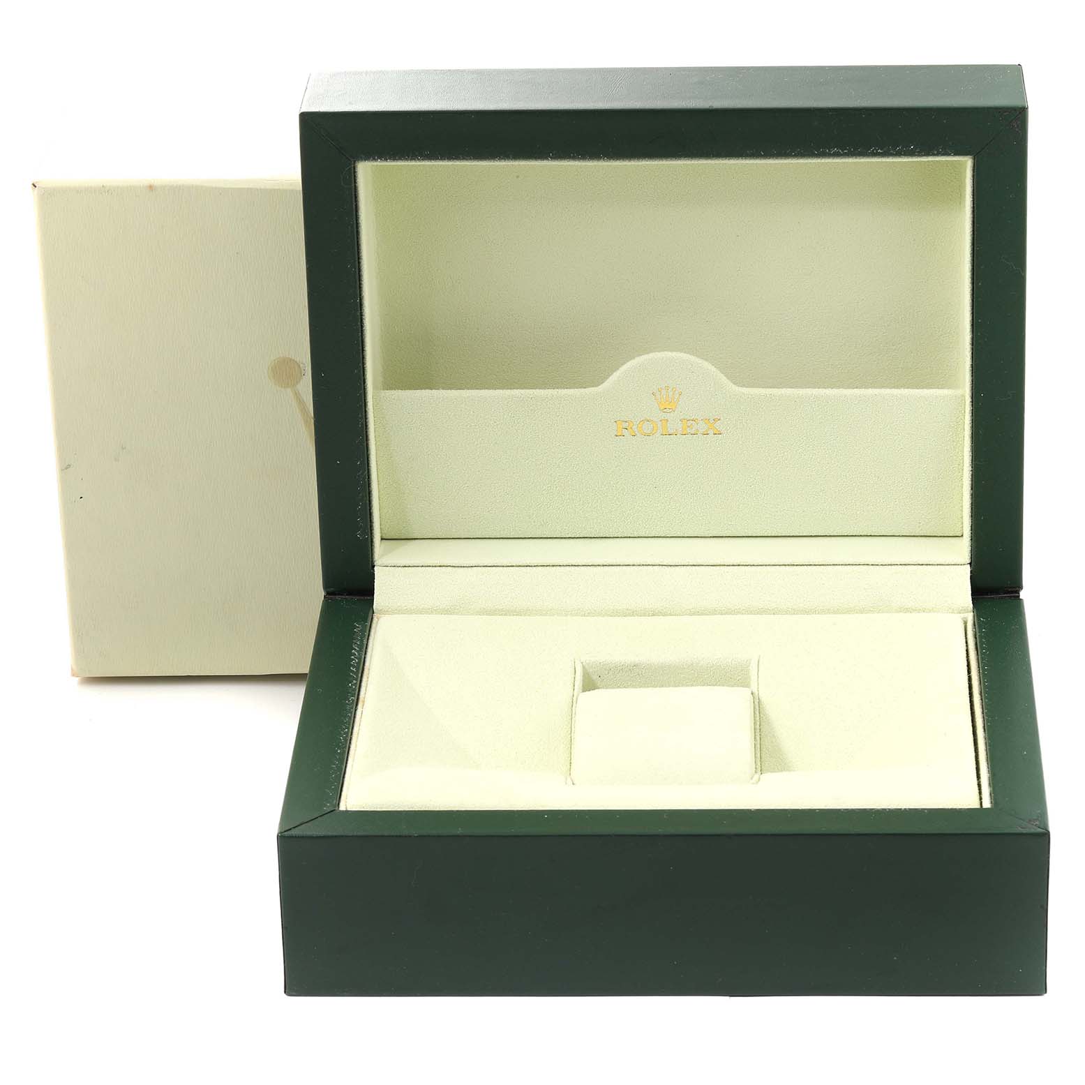 This image shows an open watch box for the Rolex President 118206 Men's Platinum Blue Dial 118206 Men's Platinum Blue Dial model, highlighting its green exterior and Rolex-branded interior.