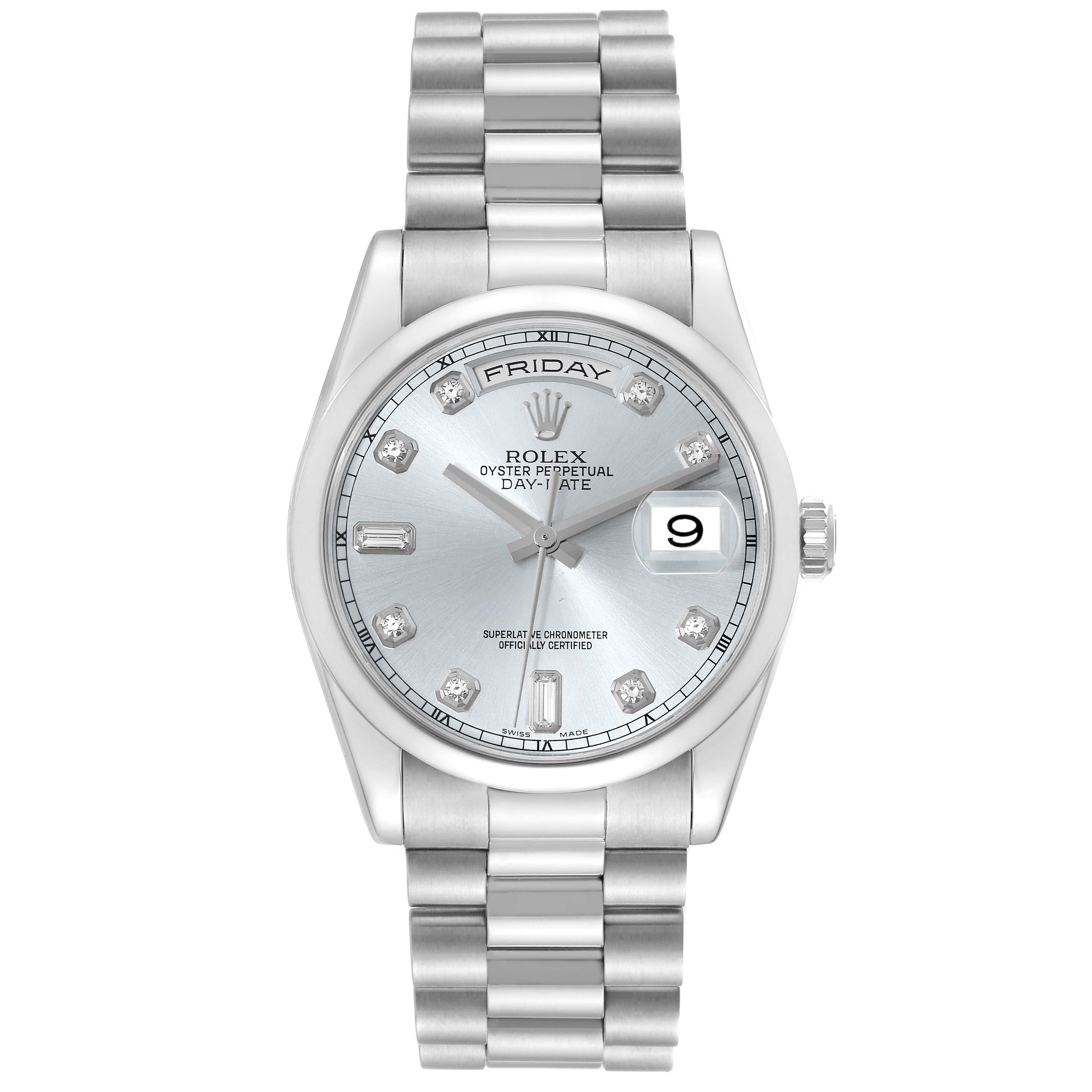 This image shows a front view of a Rolex President 118206 Men's Platinum Blue Dial 118206 Men's Platinum Blue Dial Day-Date watch, highlighting the dial, bracelet, and date window.