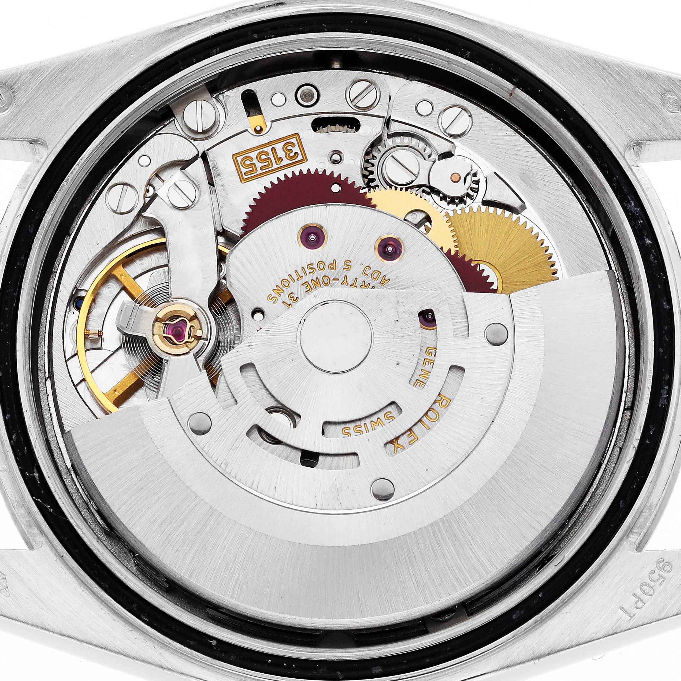 The image shows the intricate internal mechanism and movement of a Rolex President 118206 Men's Platinum Blue Dial 118206 Men's Platinum Blue Dial model watch, viewed from the back.