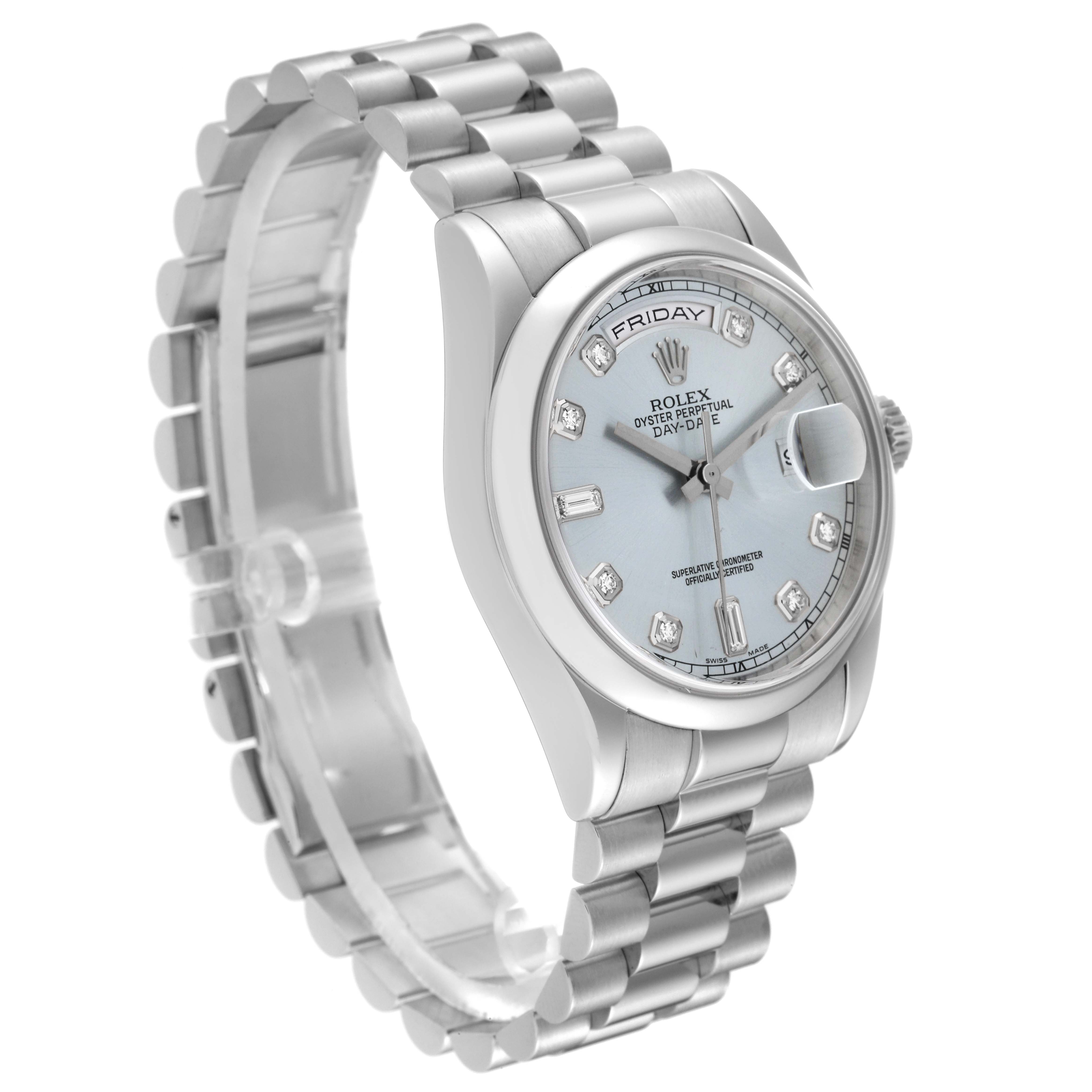 The Rolex President 118206 Men's Platinum Blue Dial 118206 Men's Platinum Blue Dial model watch is shown at a three-quarter angle, highlighting its face, dial, and band.