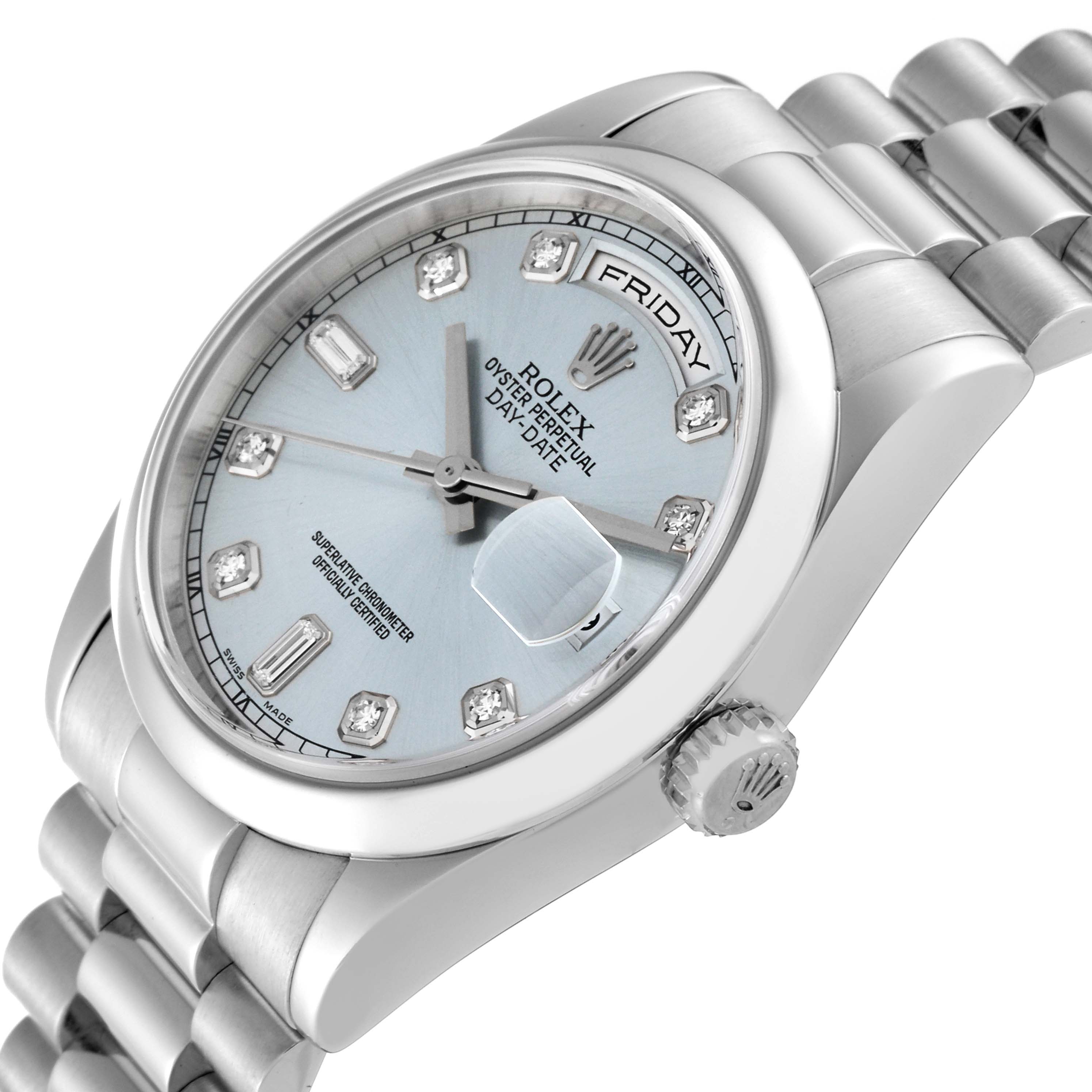 The image shows a Rolex President 118206 Men's Platinum Blue Dial 118206 Men's Platinum Blue Dial watch at an oblique angle, highlighting its bracelet, bezel, dial, and crown.