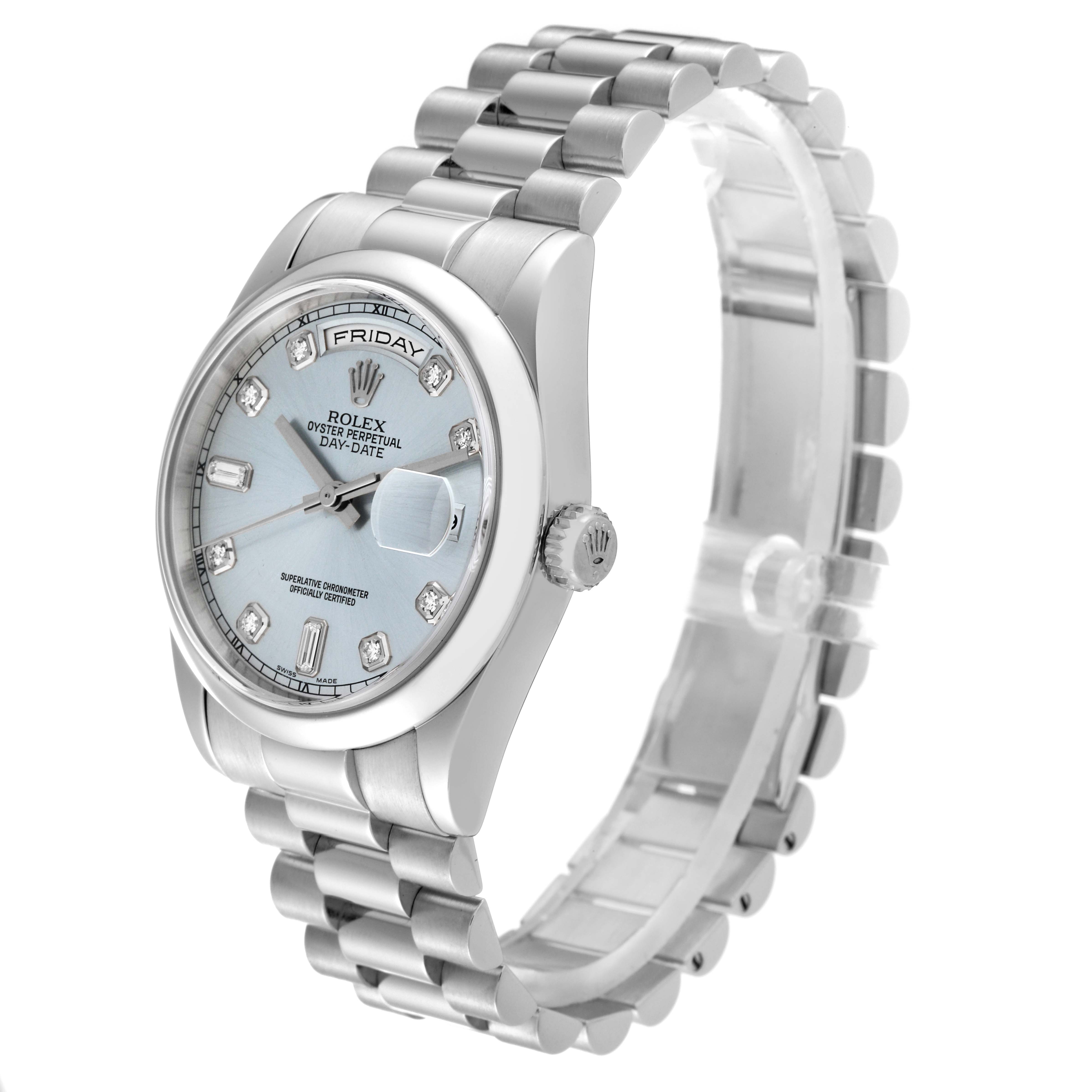 This image shows a Rolex President 118206 Men's Platinum Blue Dial 118206 Men's Platinum Blue Dial model watch at a slight angle, highlighting the face, bezel, and bracelet.