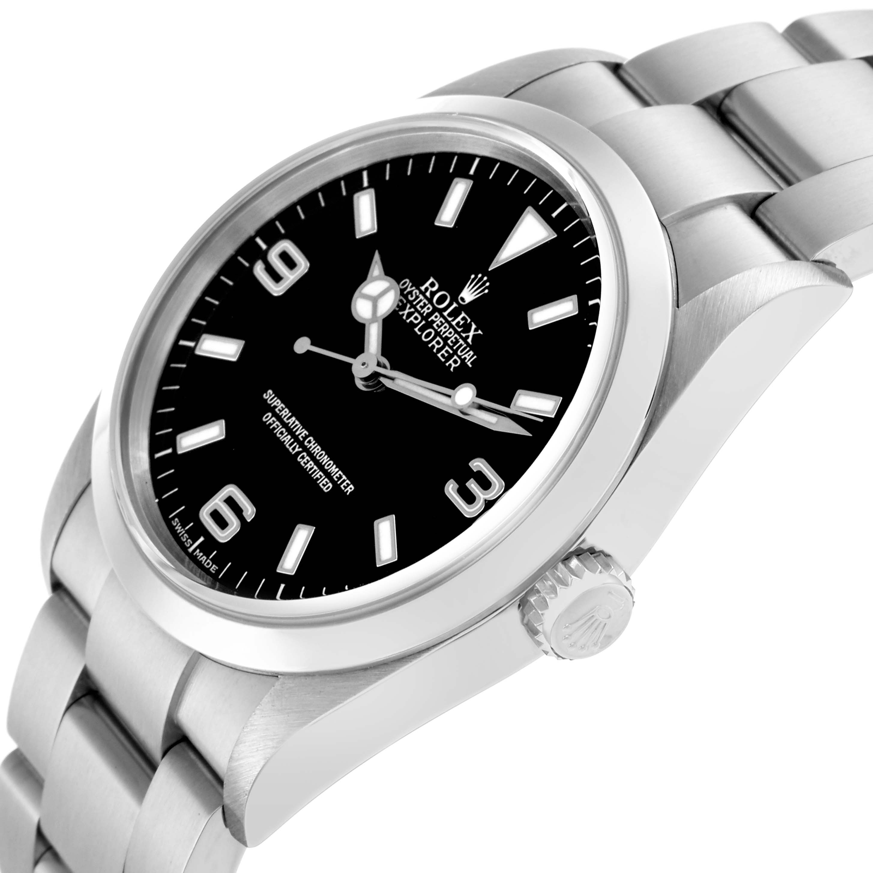 The Rolex Explorer 114270 Men
s Stainless Steel Black Dial watch is shown at an angled side view highlighting the case, bezel, dial, crown, and part of the bracelet.