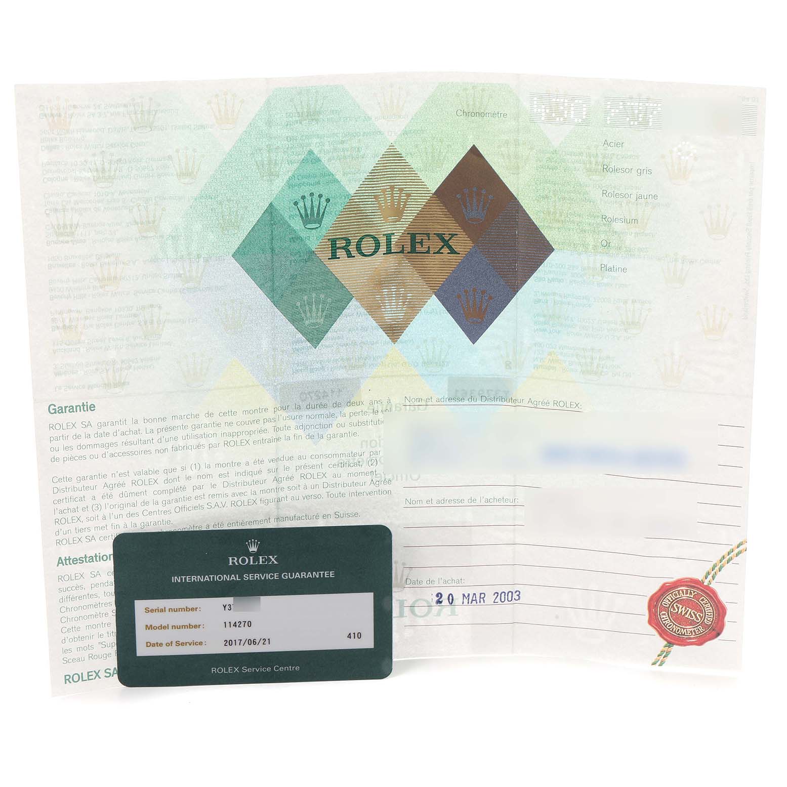 The image shows the warranty documents and service card for a Rolex Explorer 114270 Men
s Stainless Steel Black Dial watch, model number 114270.