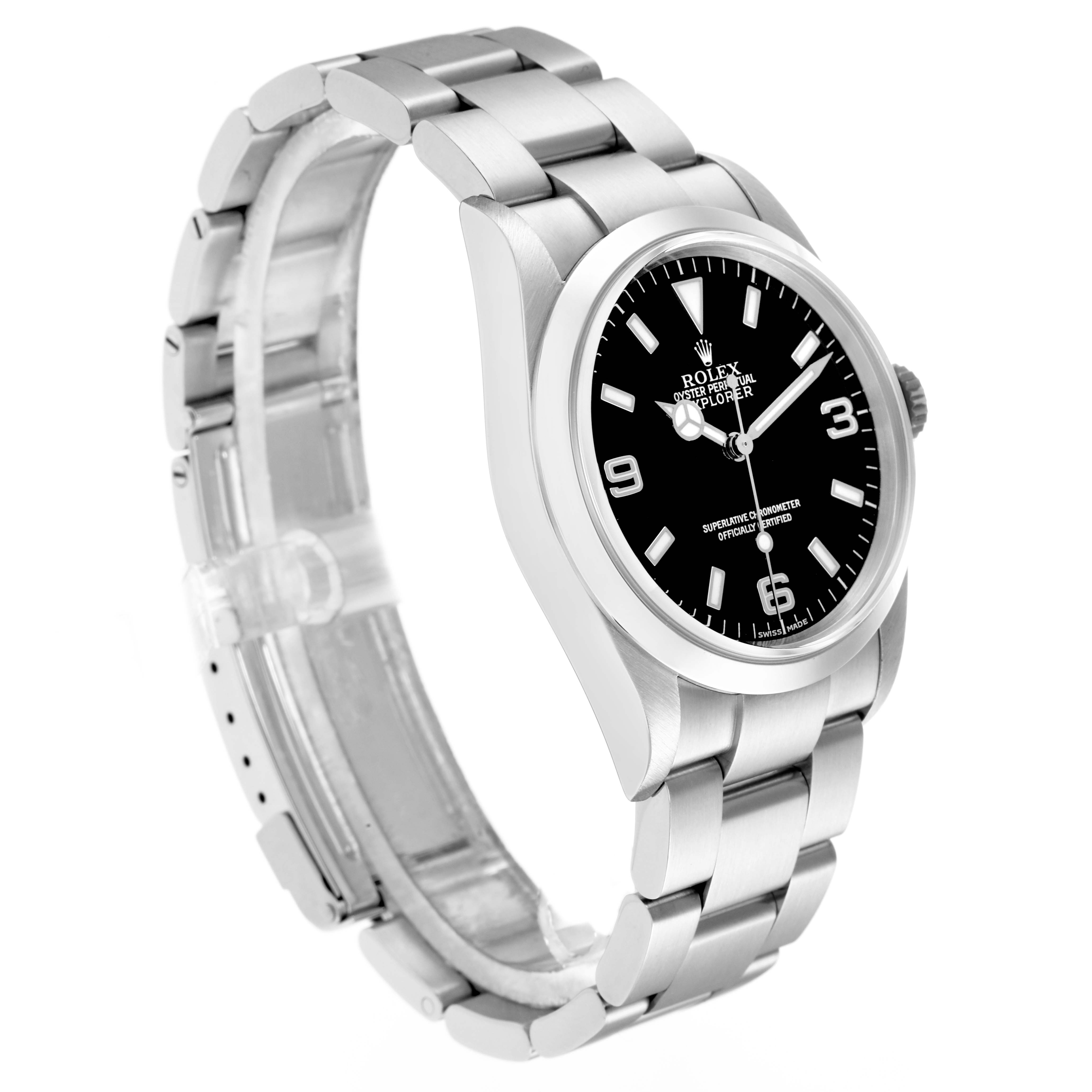 The Rolex Explorer 114270 Men
s Stainless Steel Black Dial watch is shown at an angled side view, displaying the bracelet and face with markers clearly visible.
