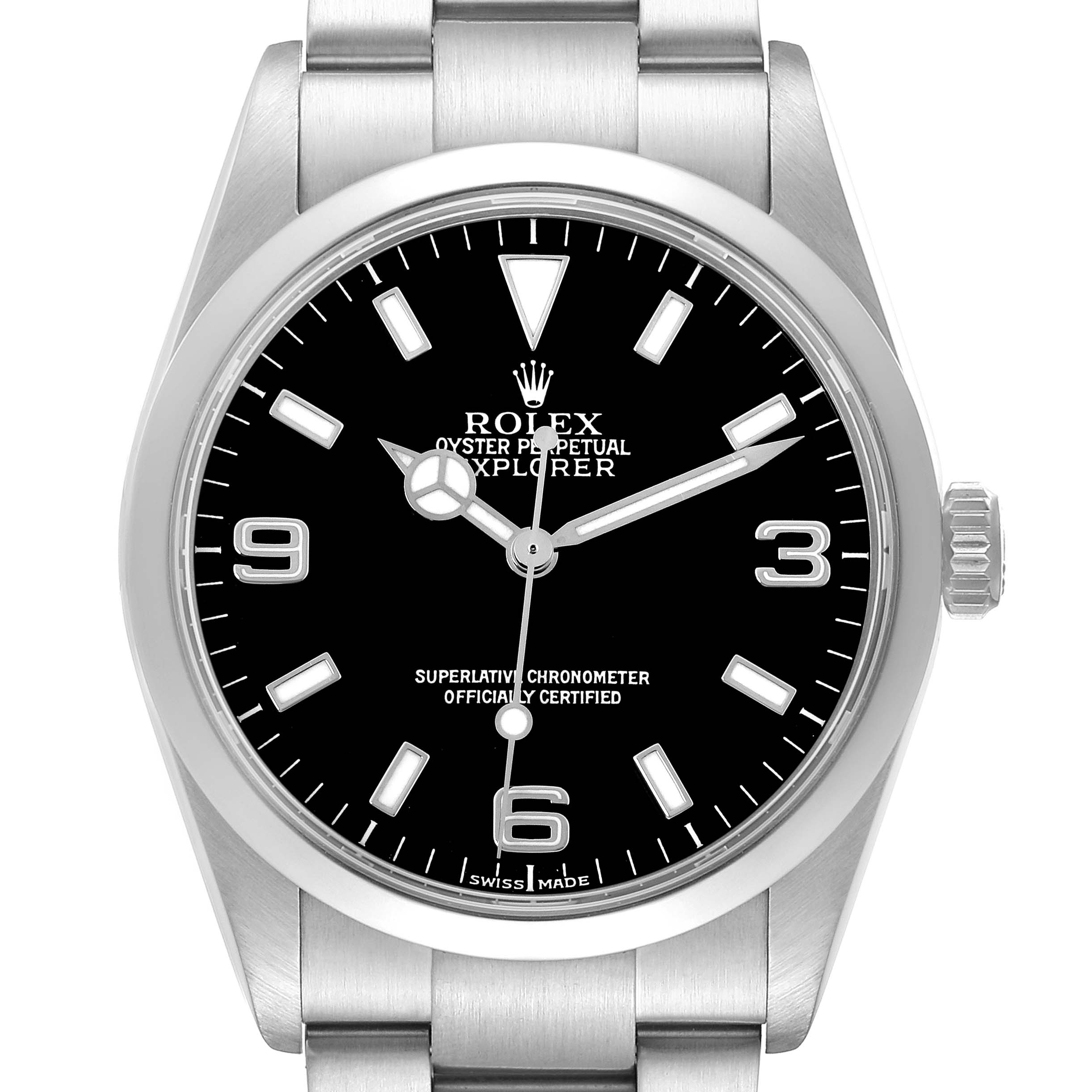The Rolex Explorer 114270 Men
s Stainless Steel Black Dial watch is shown straight on, displaying the face, bezel, and partially the bracelet.