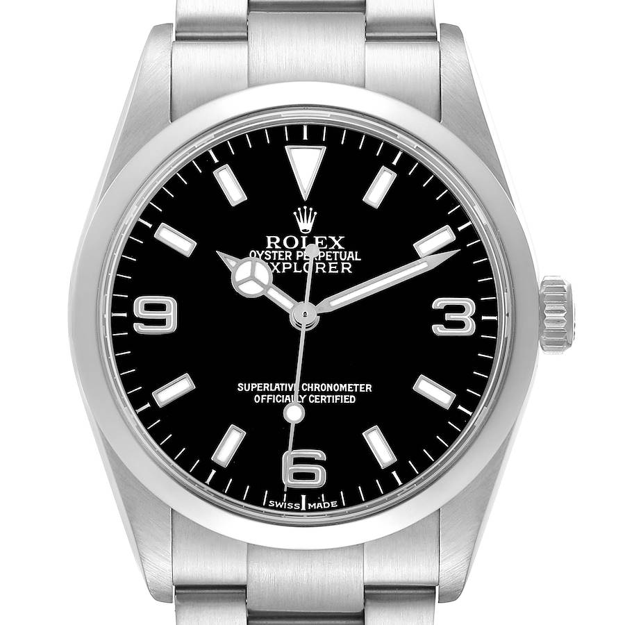 The Rolex Explorer 114270 Men's Stainless Steel Black Dial watch is shown straight on, displaying the face, bezel, and partially the bracelet.