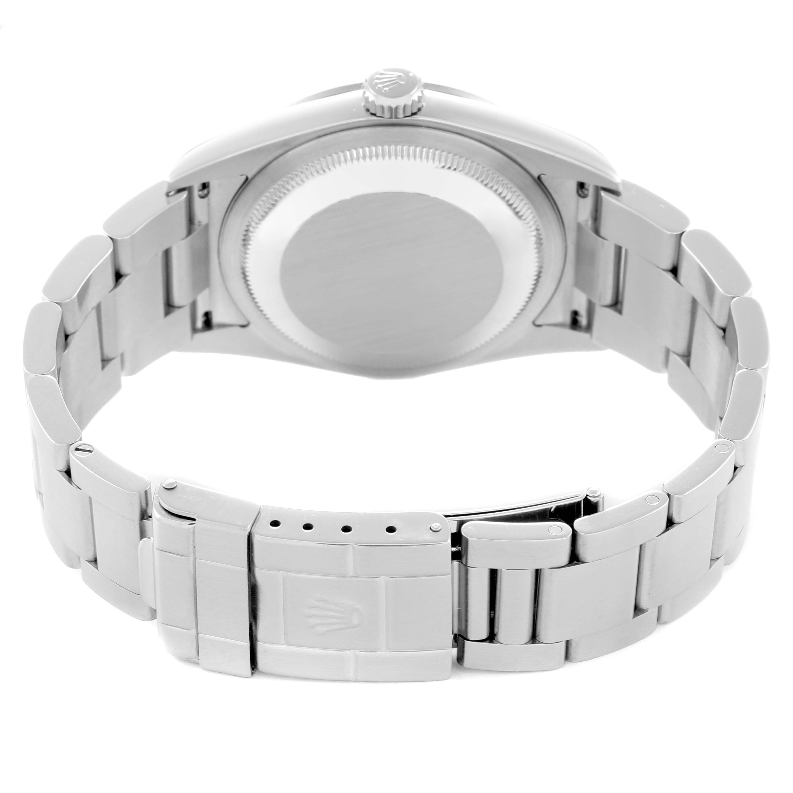 The image shows the back view of a Rolex Explorer 114270 Men
s Stainless Steel Black Dial, highlighting the case back, bracelet, and clasp.