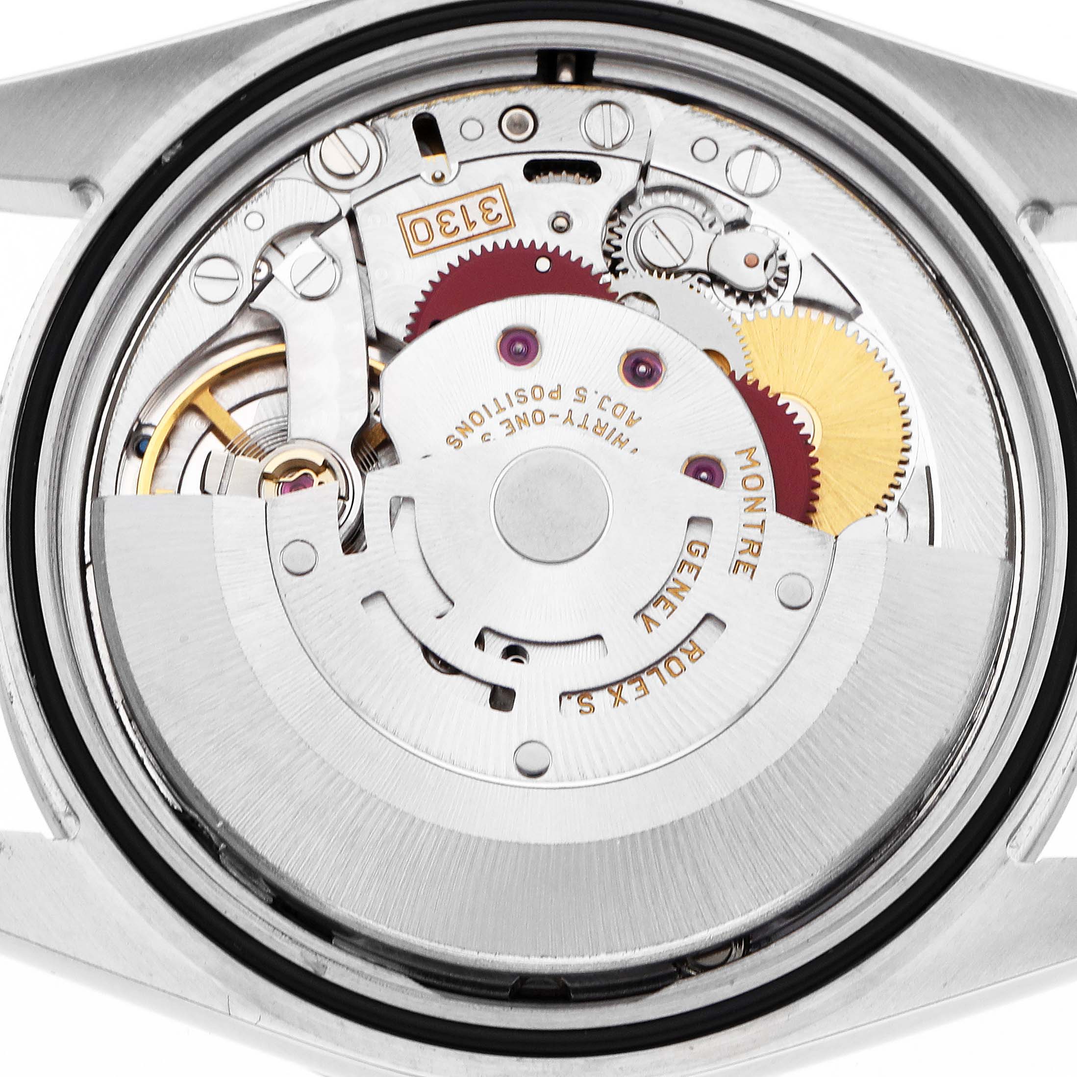 This image shows the back case of a Rolex Explorer 114270 Men
s Stainless Steel Black Dial watch, detailing its movement and internal mechanical parts.
