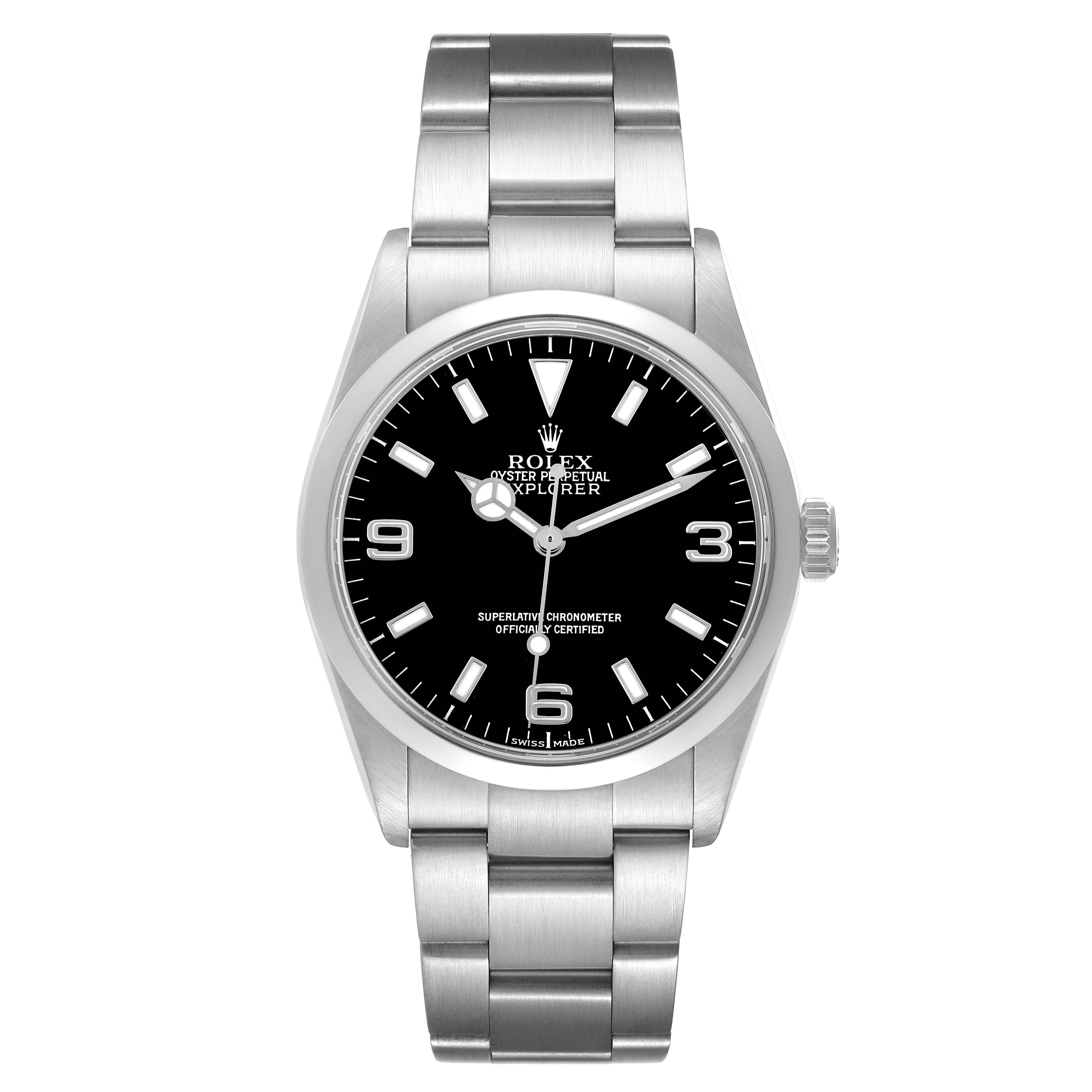 The Rolex Explorer 114270 Men
s Stainless Steel Black Dial watch is shown from a top-down angle, displaying its face, bezel, and bracelet.