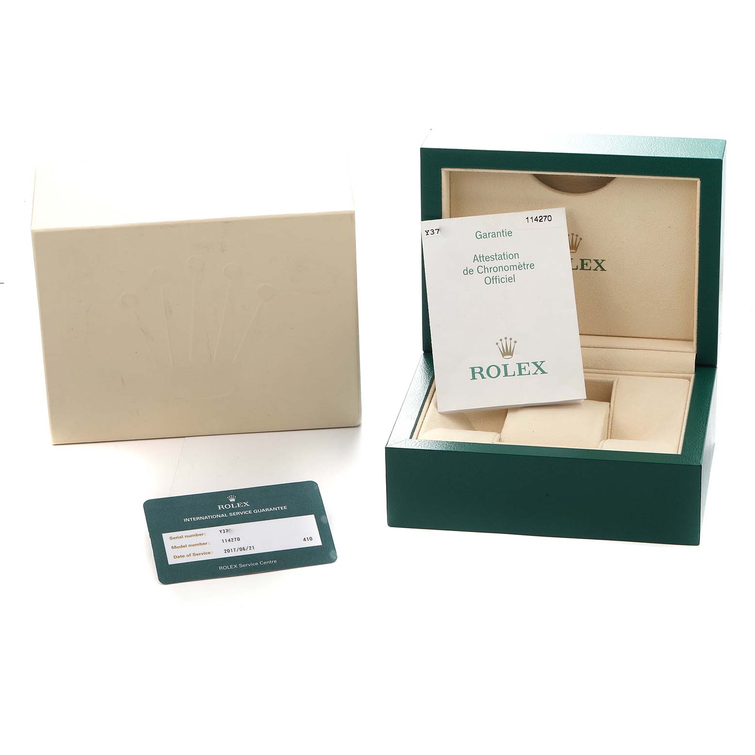 The image shows a Rolex Explorer 114270 Men
s Stainless Steel Black Dial box, certificate, and service card at a frontal angle.