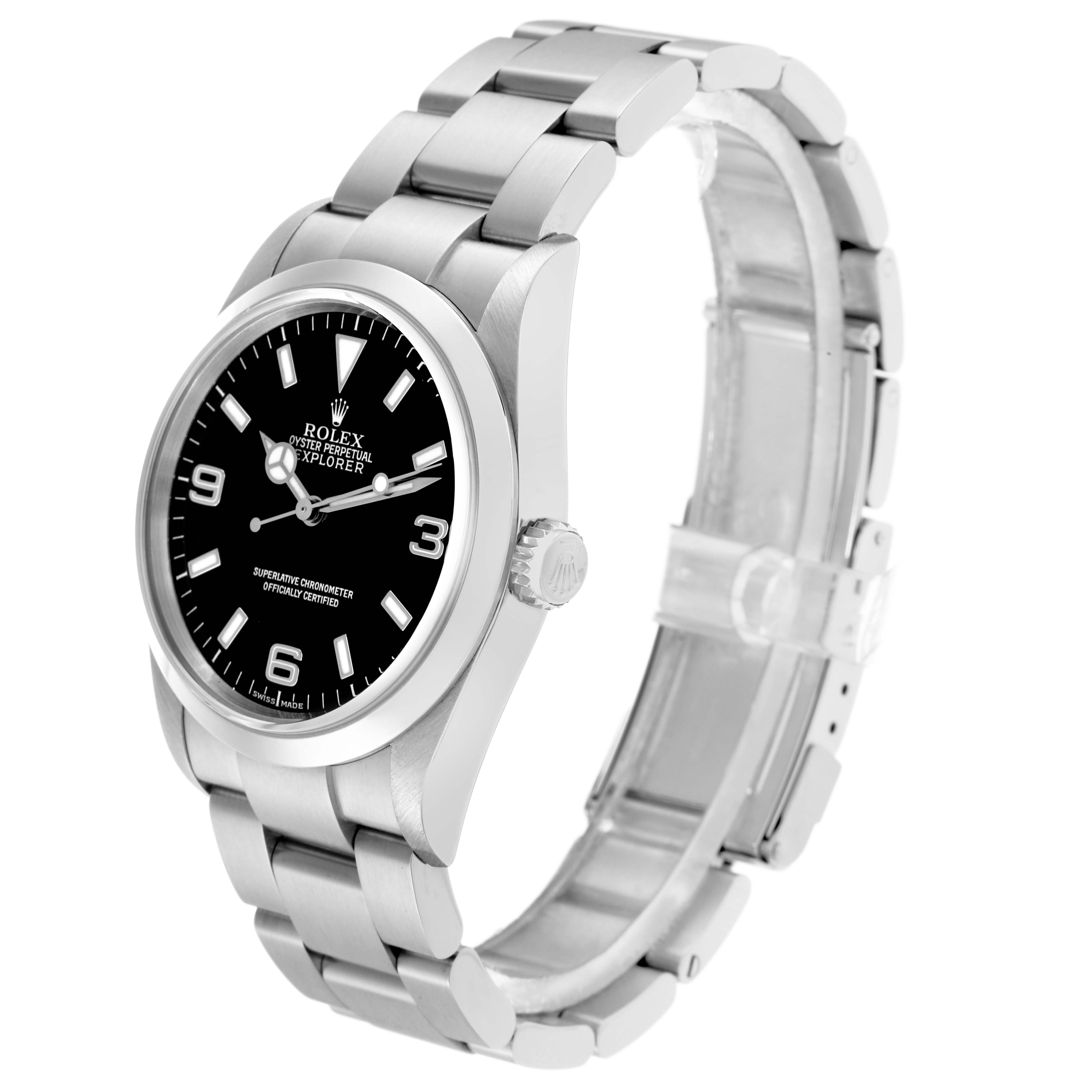 The Rolex Explorer 114270 Men
s Stainless Steel Black Dial watch is shown at a three-quarter angle, displaying the face, crown, and bracelet.