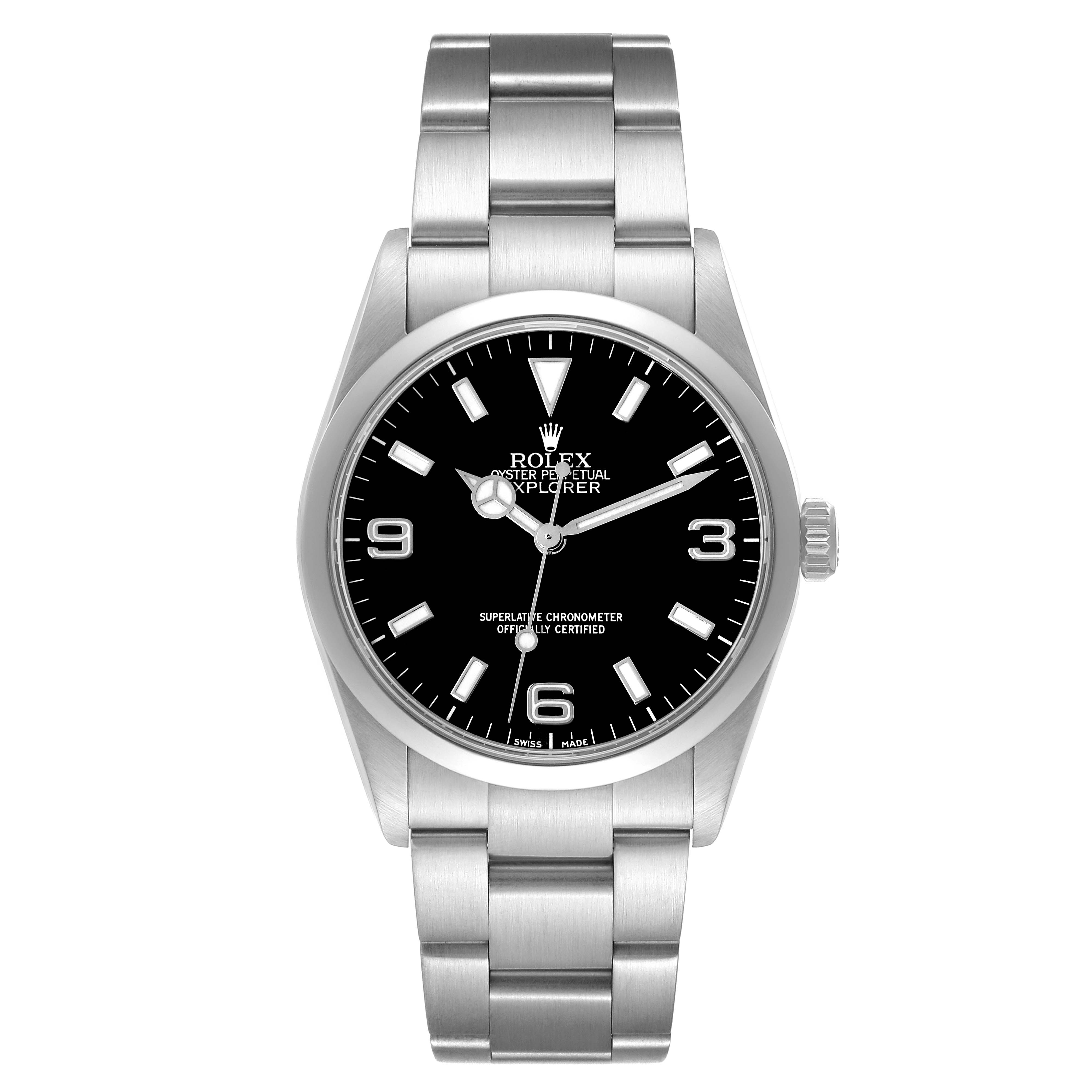 The image shows a frontal view of the Rolex Explorer 114270 Men's Stainless Steel Black Dial 114270 Men's Stainless Steel Black Dial watch, displaying its dial, bezel, and bracelet.
