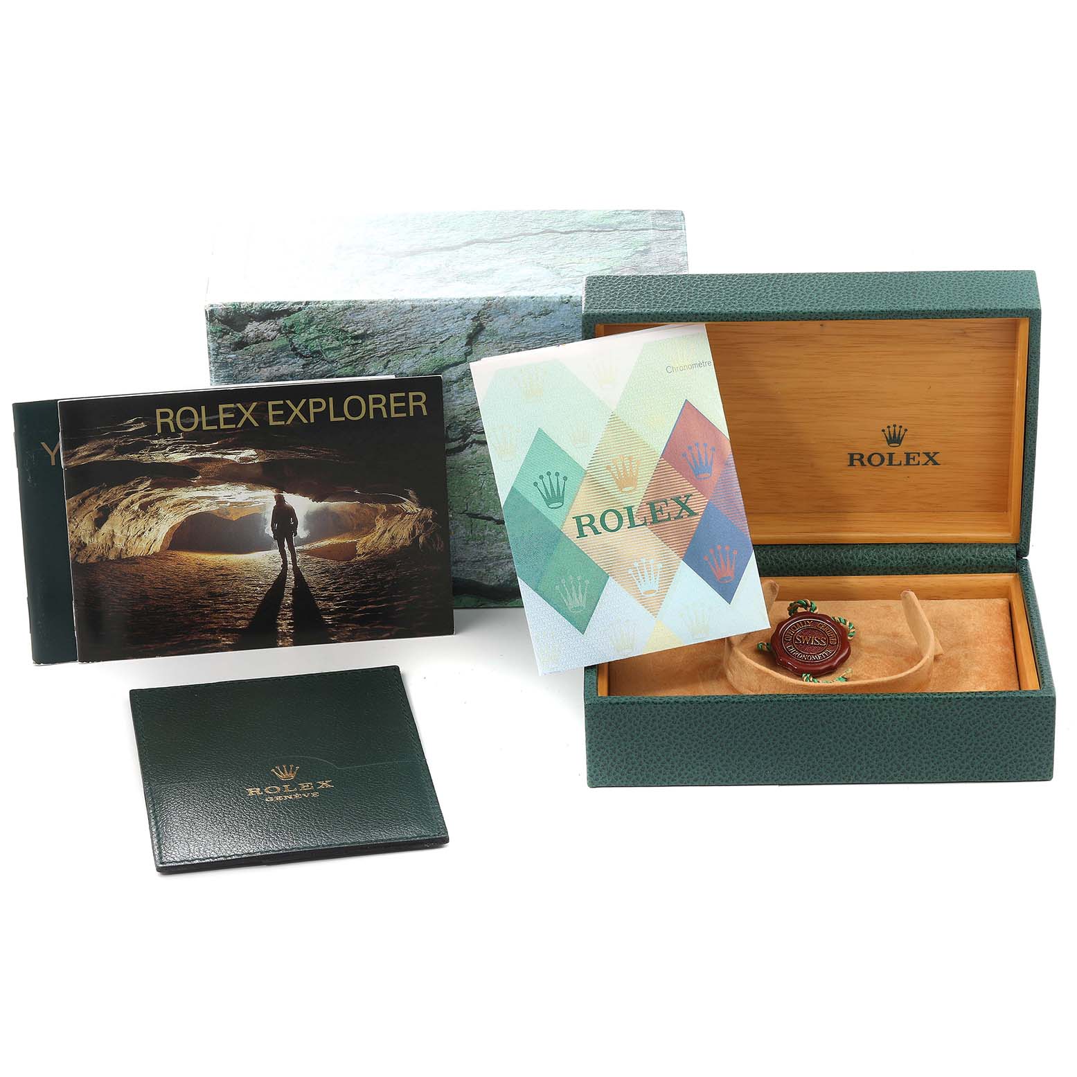 The image shows the packaging, booklets, green Rolex Explorer 114270 Men's Stainless Steel Black Dial 114270 Men's Stainless Steel Black Dial box, and tag for the Rolex Explorer 114270 Men's Stainless Steel Black Dial 114270 Men's Stainless Steel Black Dial watch model.