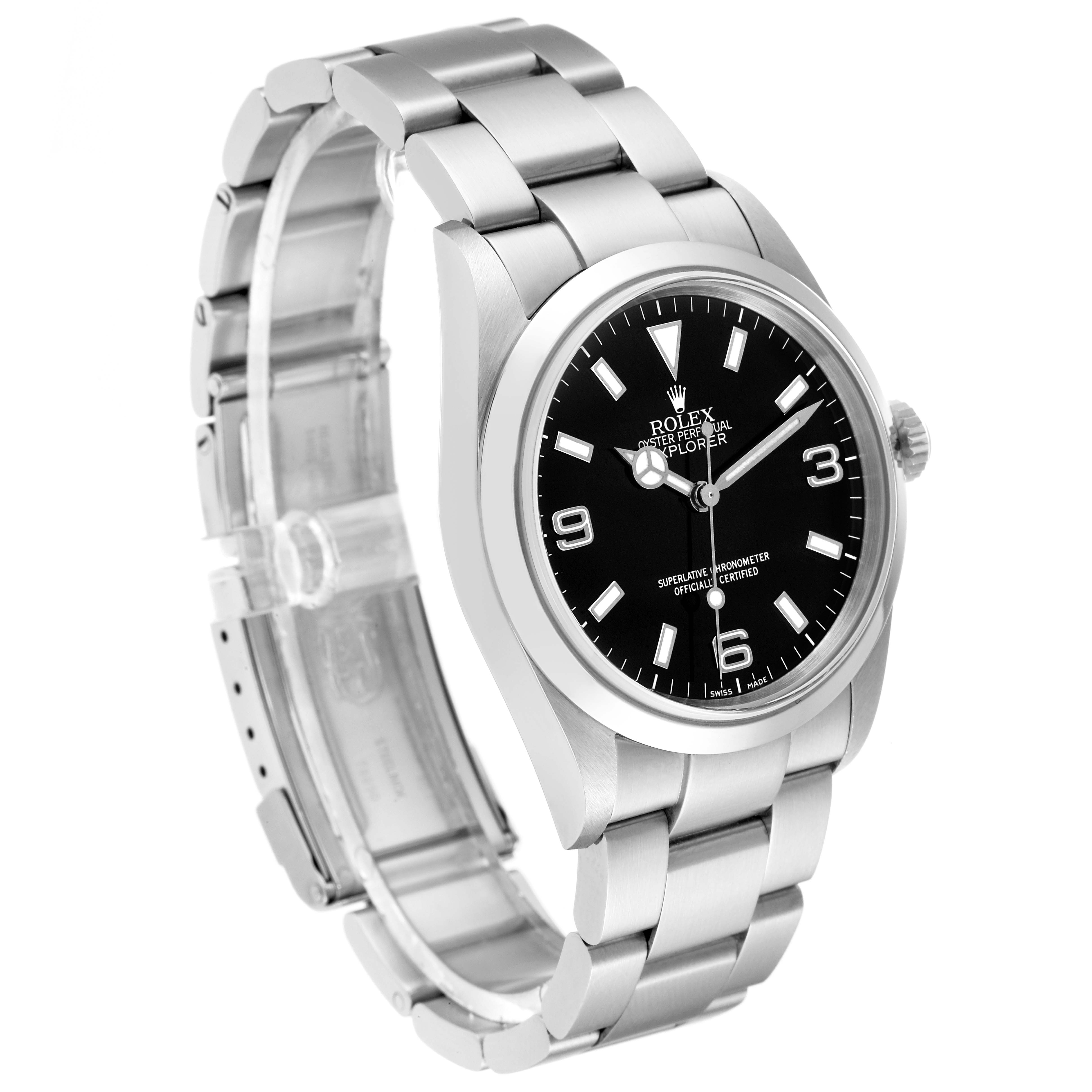 The Rolex Explorer 114270 Men's Stainless Steel Black Dial 114270 Men's Stainless Steel Black Dial watch is shown at an angled side view, displaying the face, bezel, crown, and bracelet.