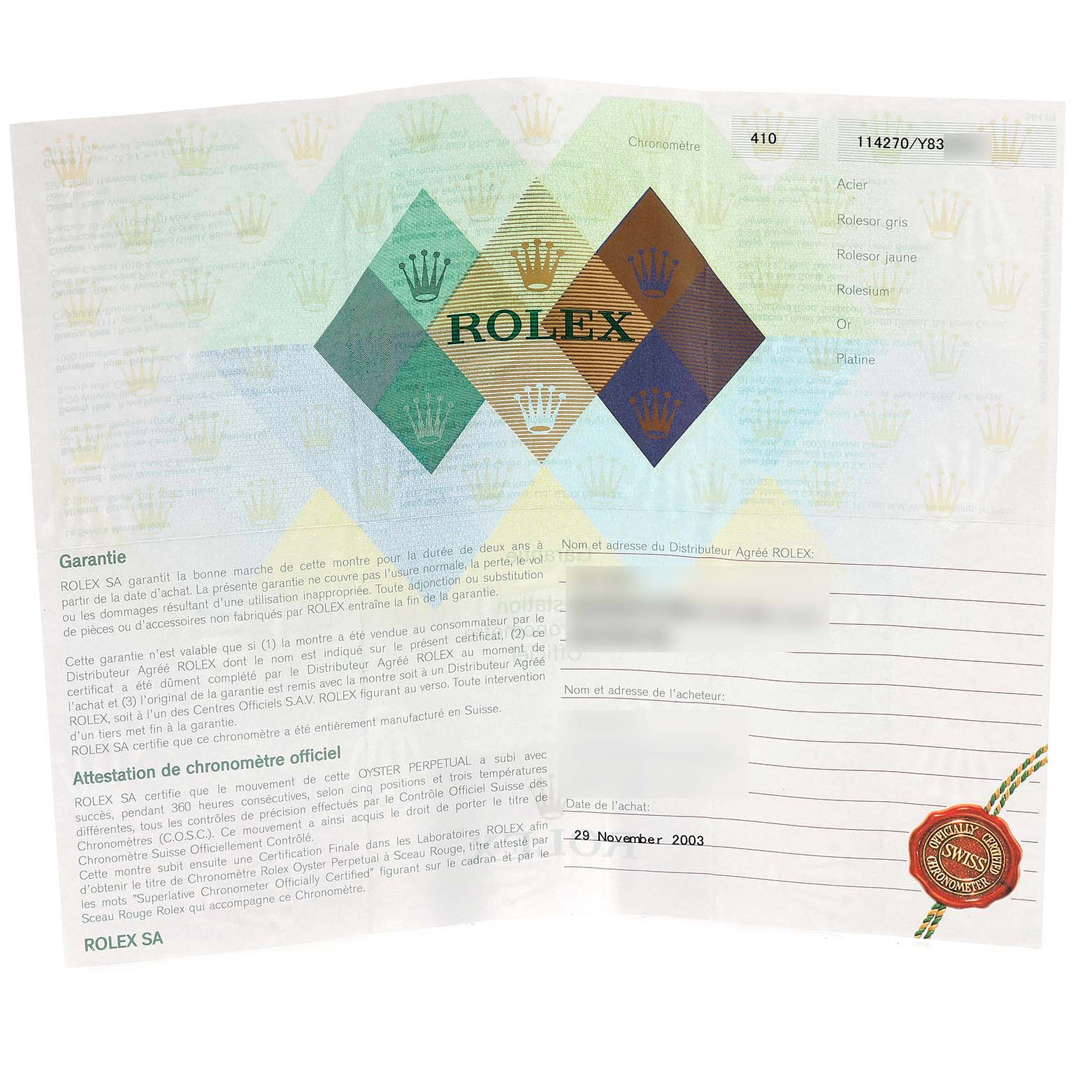 This is a warranty guarantee certificate for a Rolex Explorer 114270 Men's Stainless Steel Black Dial 114270 Men's Stainless Steel Black Dial watch, showcasing the official chronometer certification and purchase details.