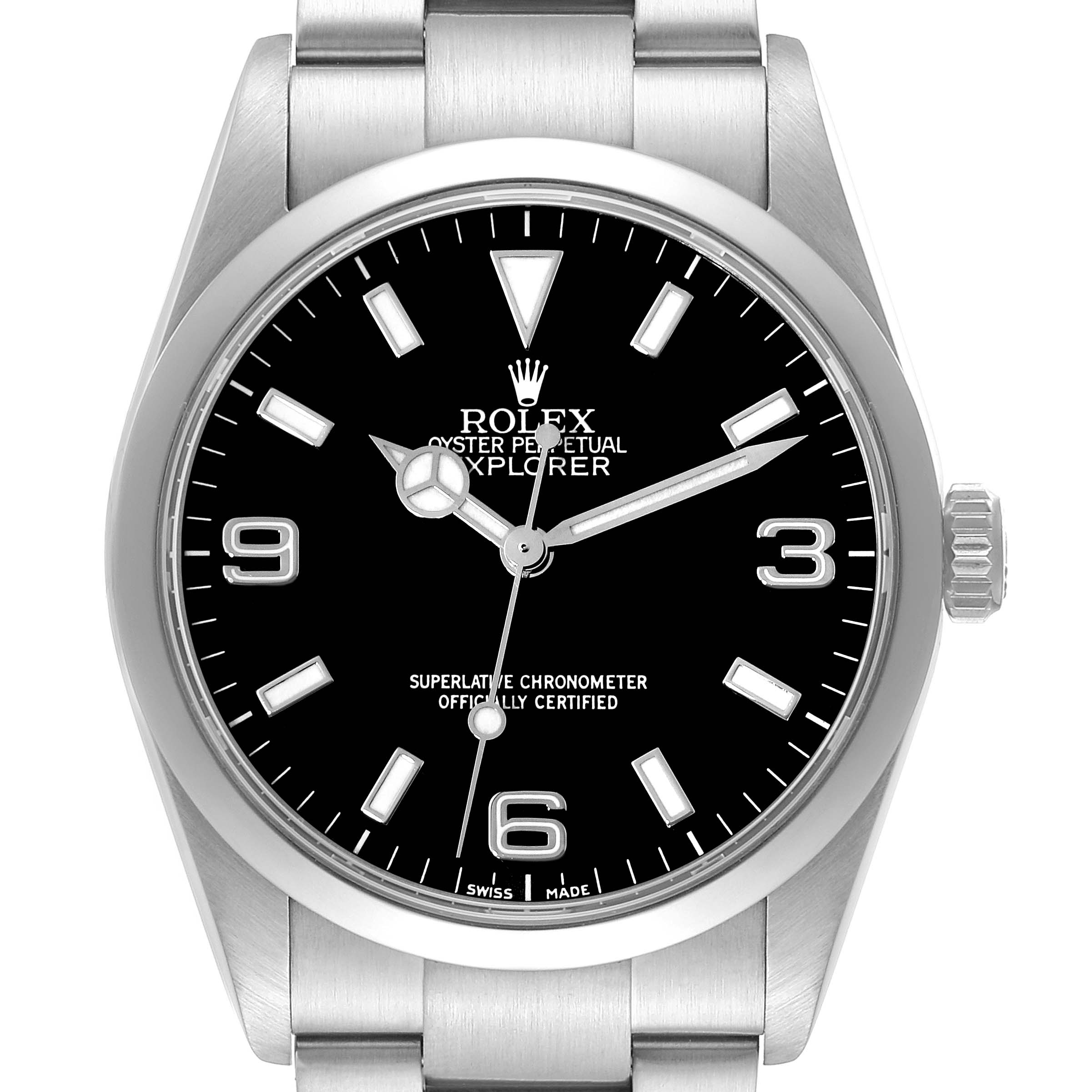 This image shows a front view of a Rolex Explorer 114270 Men's Stainless Steel Black Dial 114270 Men's Stainless Steel Black Dial watch, highlighting its dial, bezel, crown, and bracelet.