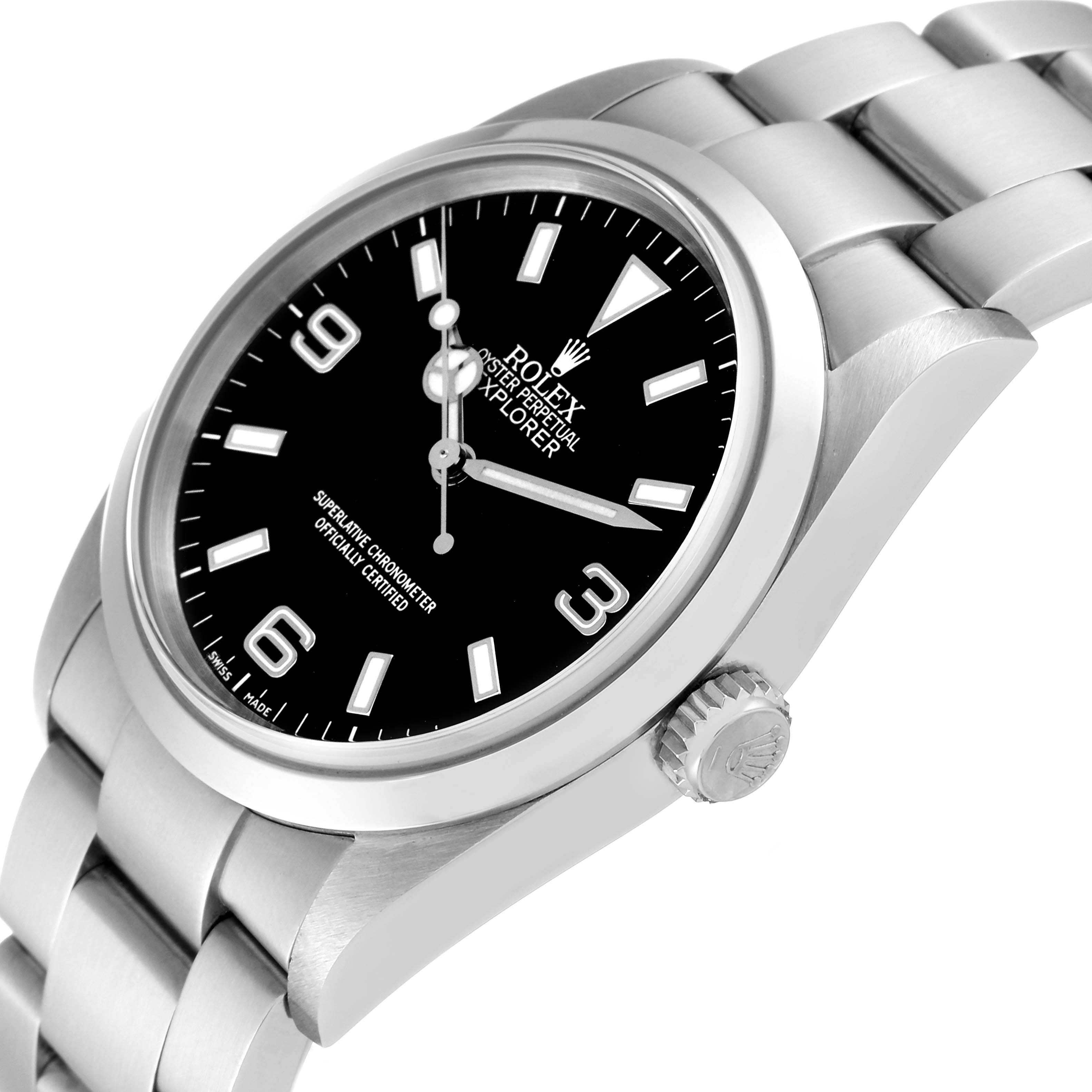 The Rolex Explorer 114270 Men's Stainless Steel Black Dial 114270 Men's Stainless Steel Black Dial watch is shown at a slight angle, capturing its dial, bezel, crown, and part of the bracelet.