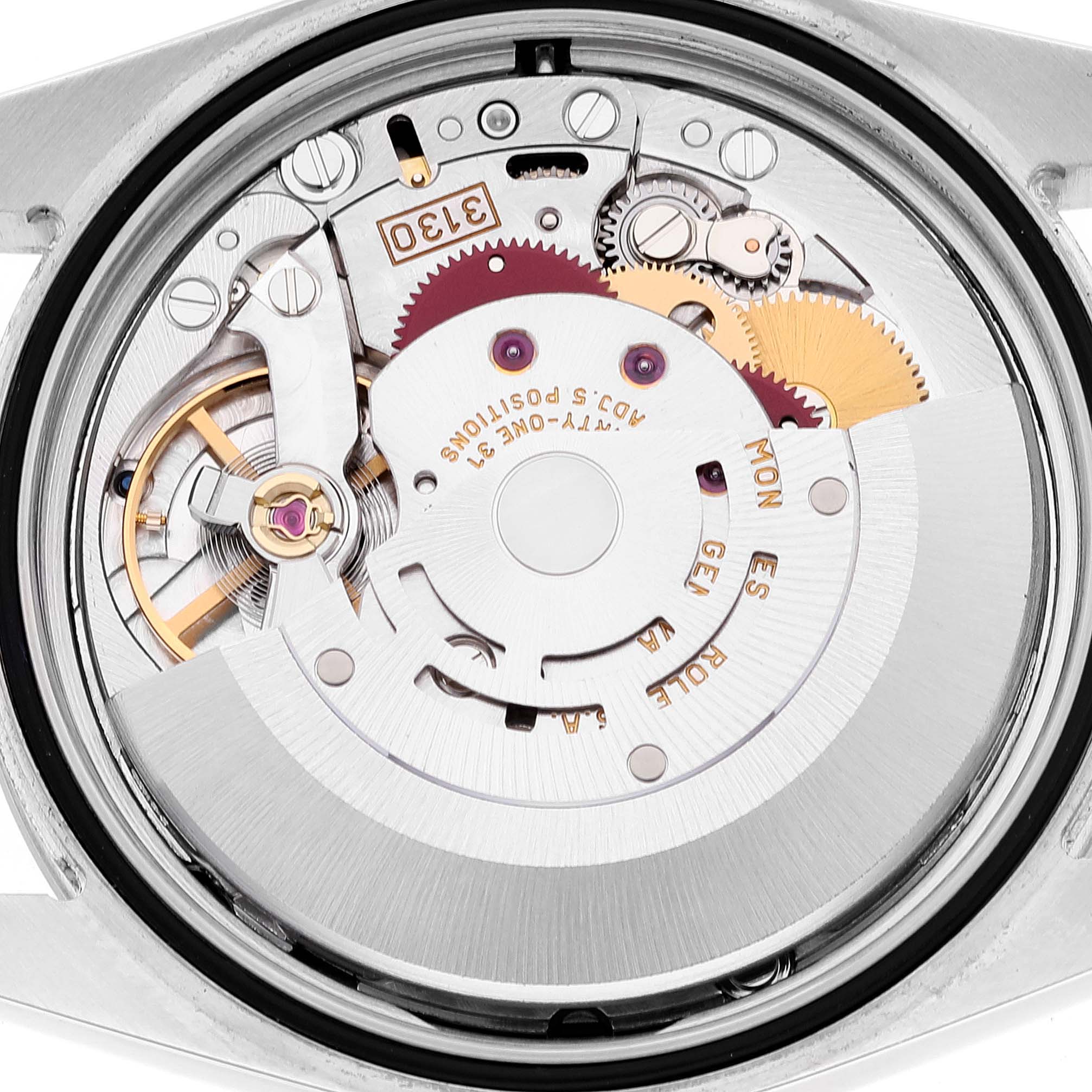 The image shows a close-up view of the movement mechanism inside a Rolex Explorer 114270 Men's Stainless Steel Black Dial 114270 Men's Stainless Steel Black Dial watch.