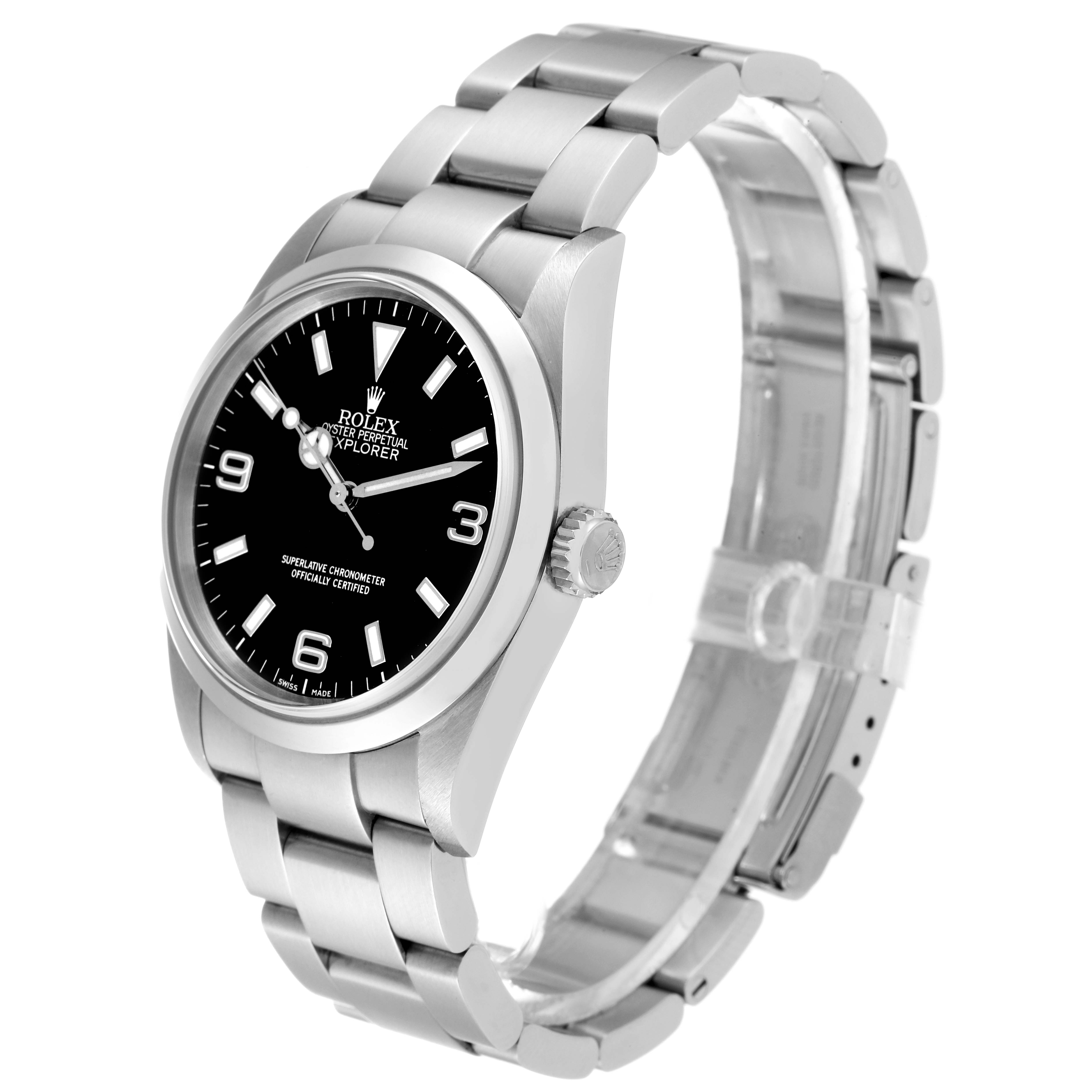 The image shows a Rolex Explorer 114270 Men's Stainless Steel Black Dial 114270 Men's Stainless Steel Black Dial model watch at a three-quarter angle, highlighting the dial, bezel, crown, and bracelet.