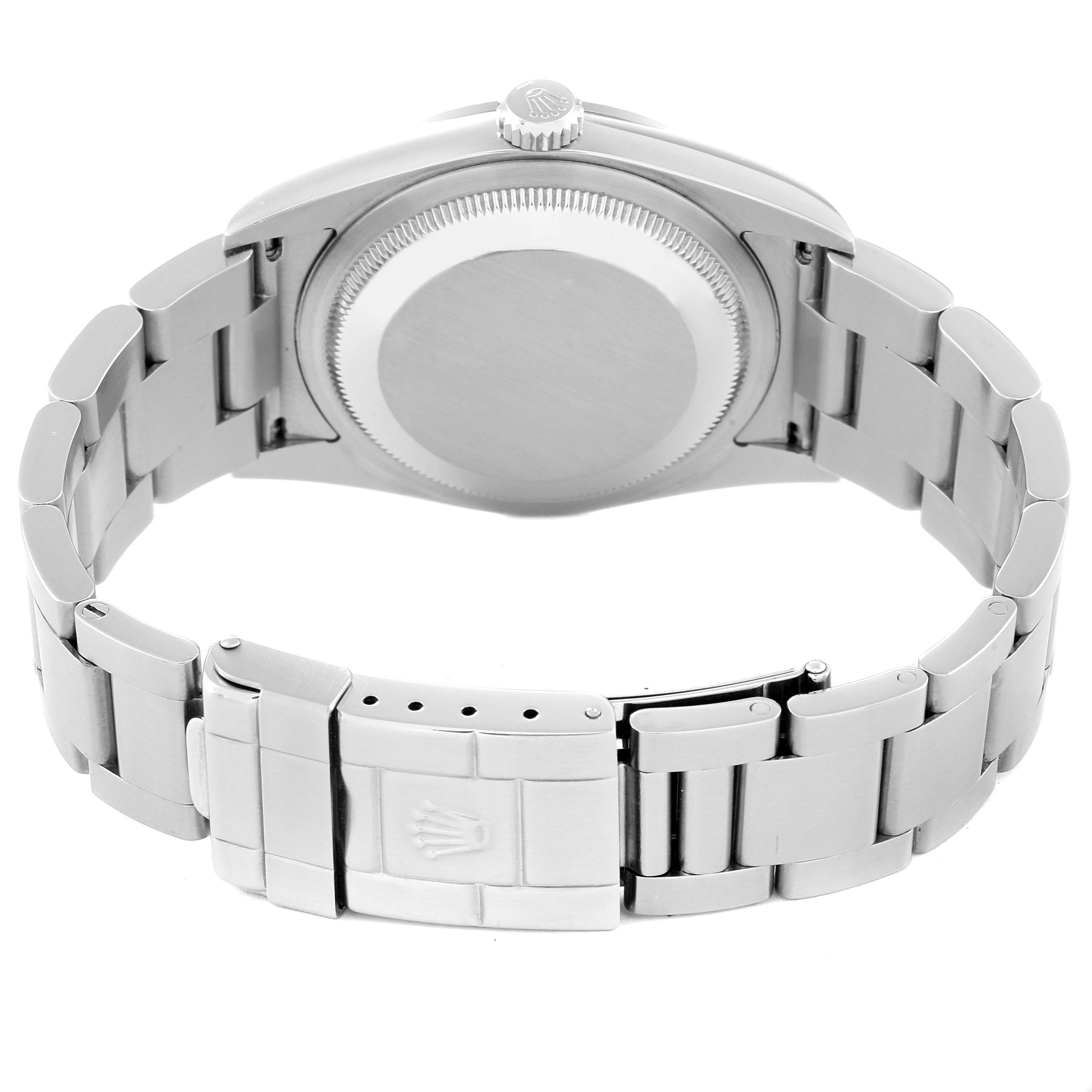 The image shows the back and bracelet of a Rolex Explorer 114270 Men's Stainless Steel Black Dial 114270 Men's Stainless Steel Black Dial watch, focusing on the clasp and case back.