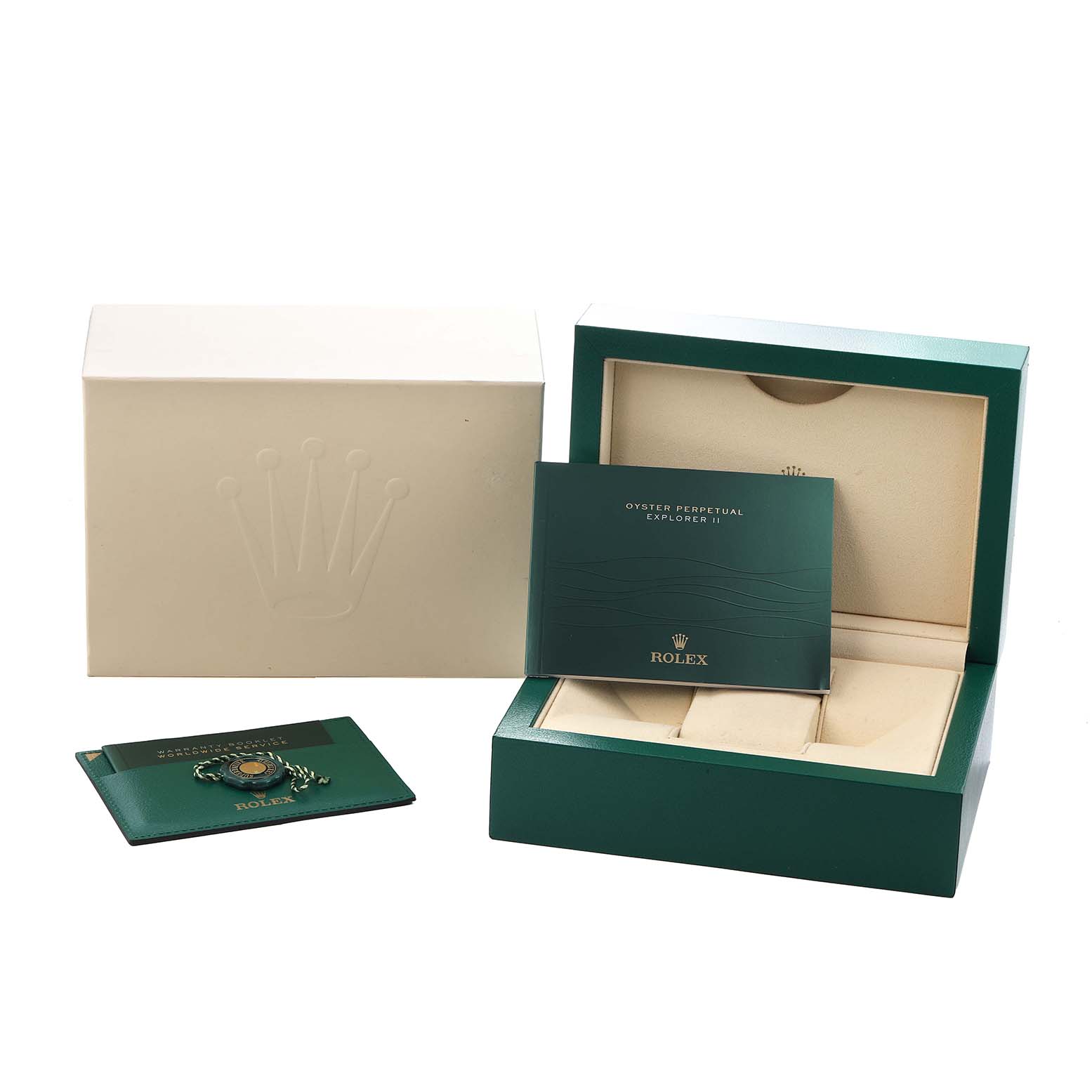 The image shows the packaging and accessories for a Rolex Explorer 216570 Men
s Stainless Steel Black Dial, including the box, warranty card, and booklet.
