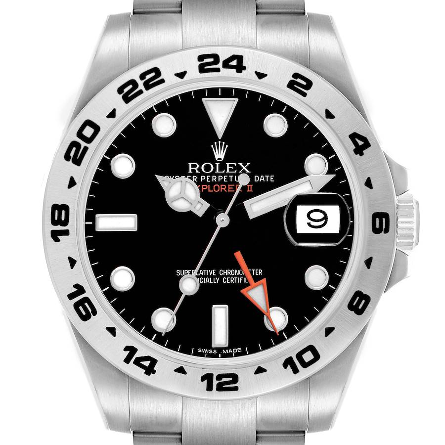 The Rolex Explorer 216570 Men's Stainless Steel Black Dial II watch is shown from the front, highlighting the dial, markers, hands, bezel, and part of the bracelet.