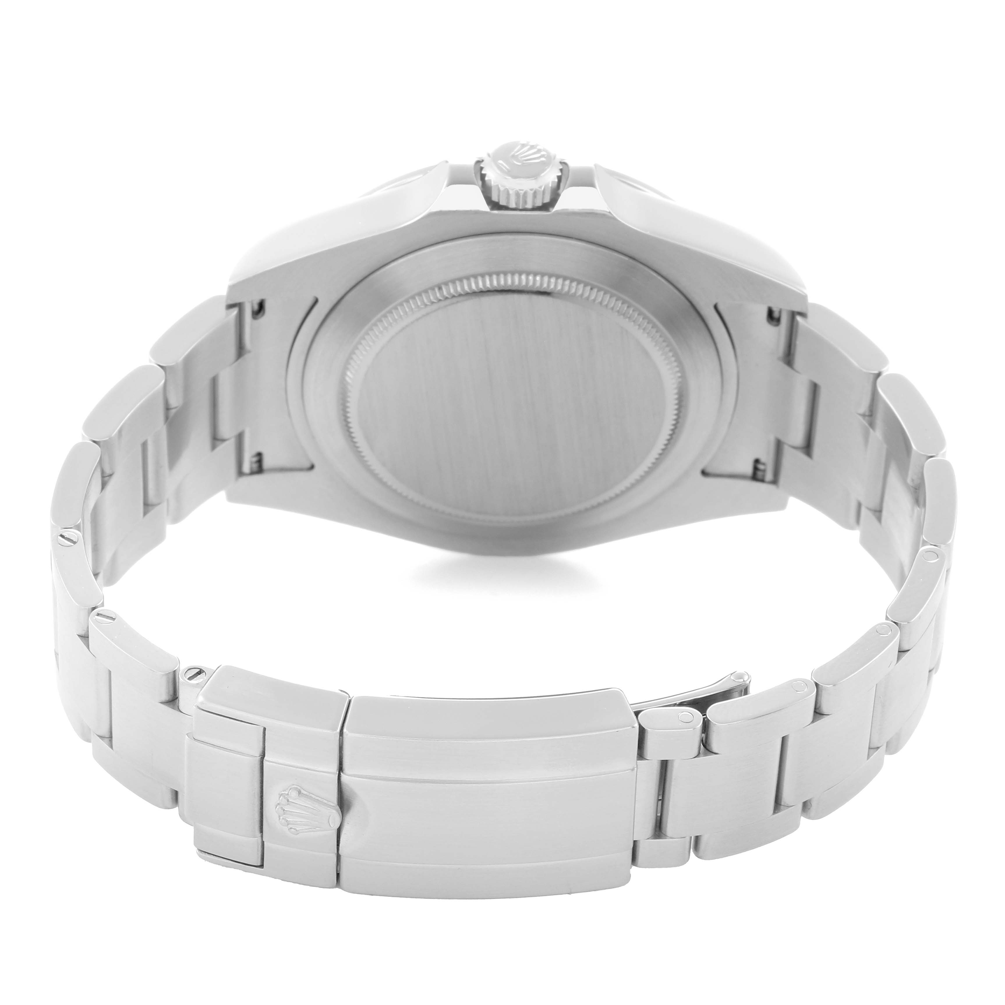 The image shows the back view of a Rolex Explorer 216570 Men
s Stainless Steel Black Dial watch, highlighting the case back, crown, and bracelet clasp.