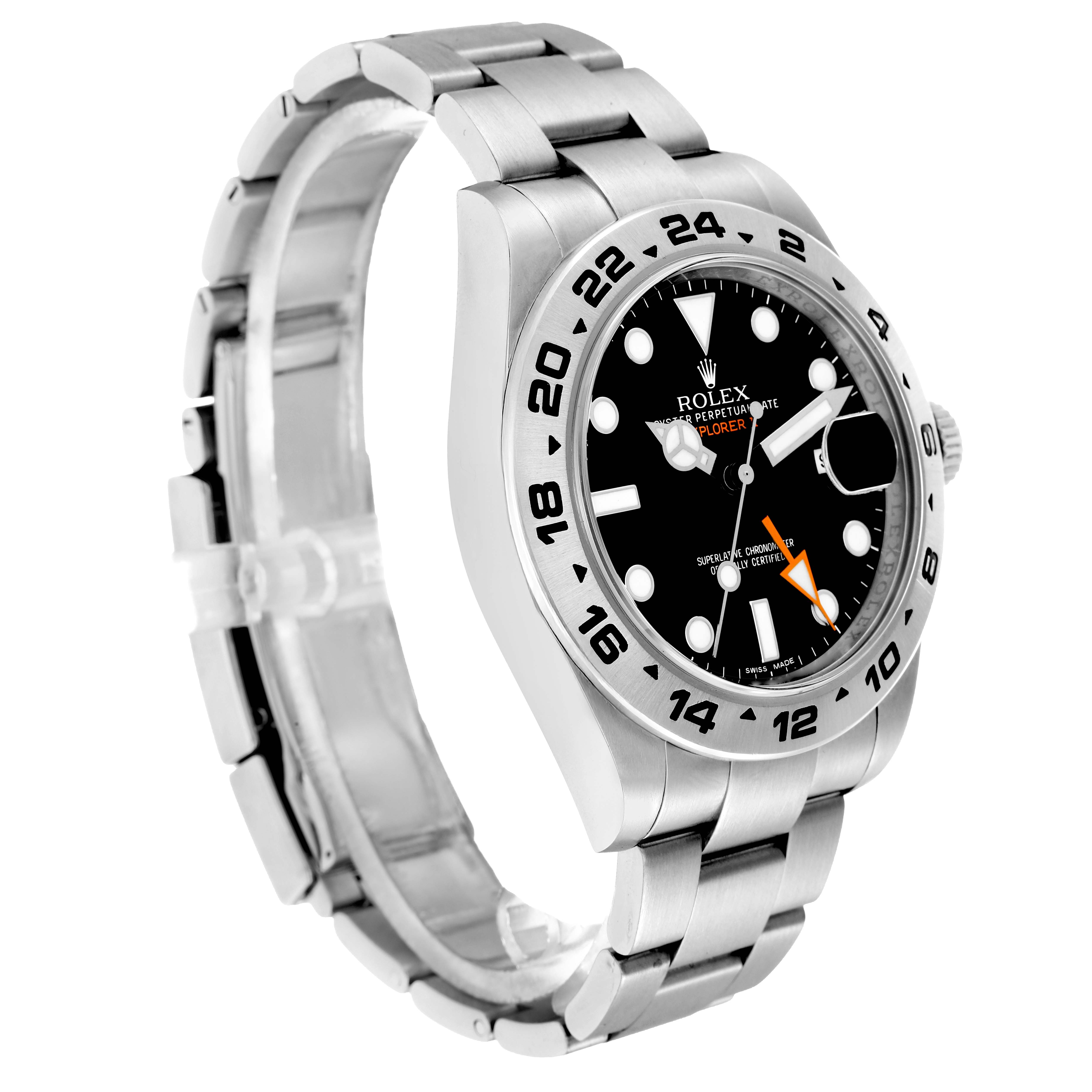 The Rolex Explorer 216570 Men
s Stainless Steel Black Dial watch is shown from a three-quarter angle, highlighting the dial, bezel, and bracelet.