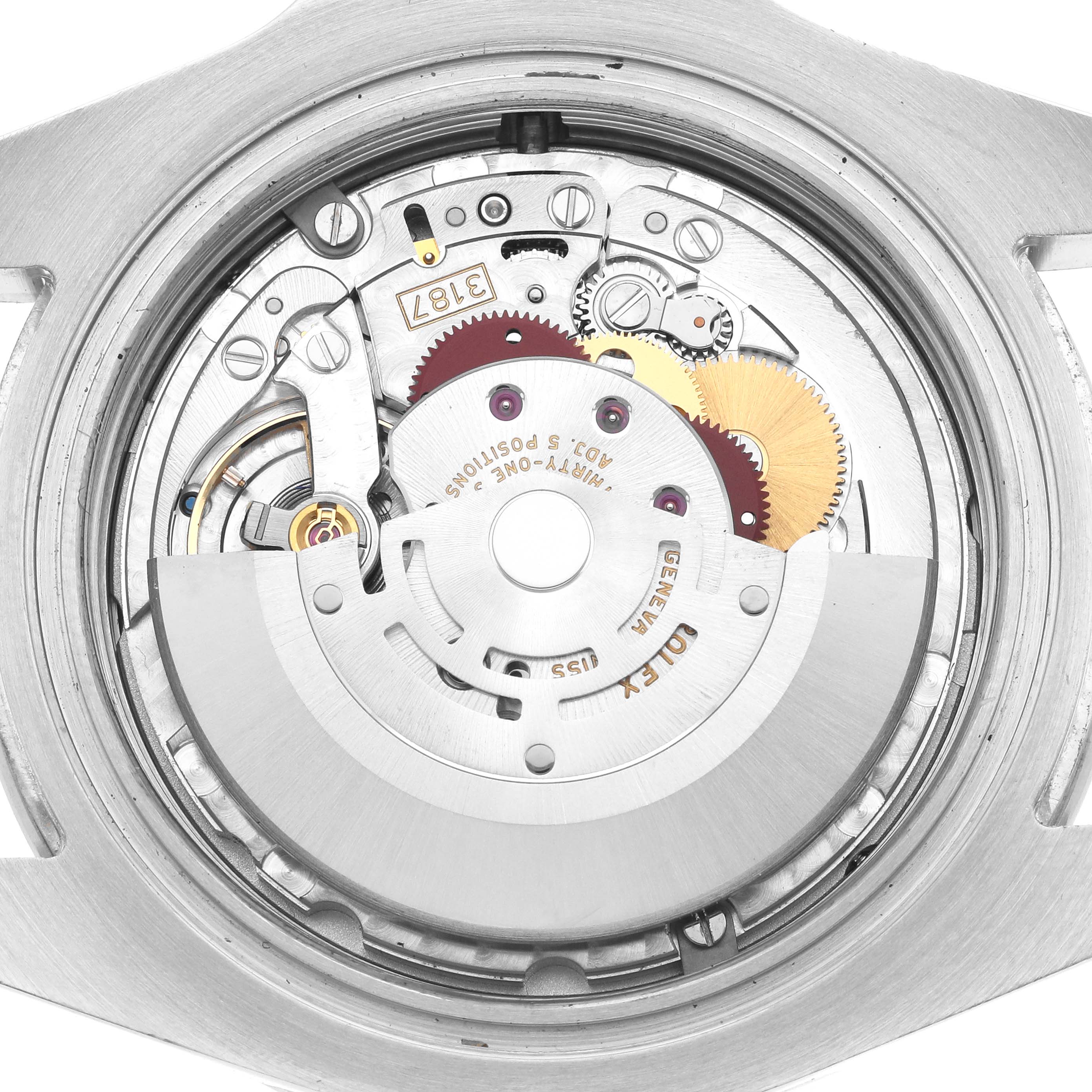 The image shows a Rolex Explorer 216570 Men
s Stainless Steel Black Dial
s movement from a back view, highlighting gears, rotor, and intricate inner mechanisms.