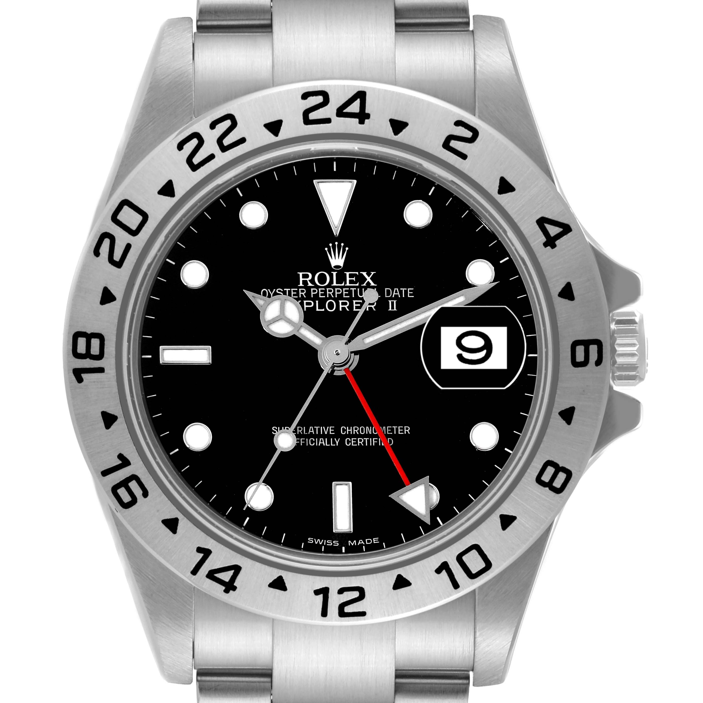 The image shows a front view of a Rolex Explorer 16570 Men's Stainless Steel Black Dial 16570 Men's Stainless Steel Black Dial watch, displaying the bezel, dial, hands, date window, and part of the bracelet.